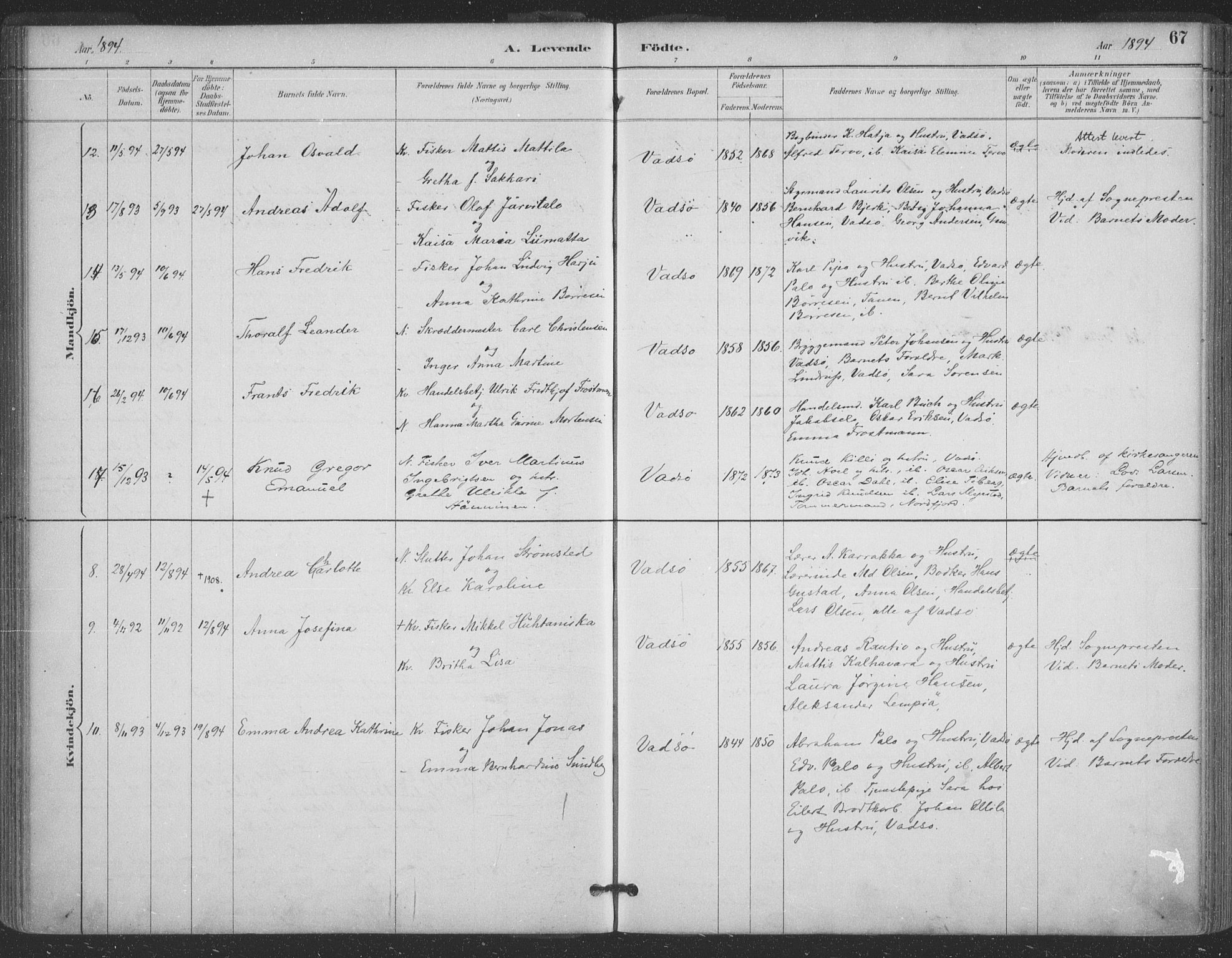 Vadsø sokneprestkontor, SATØ/S-1325/H/Ha/L0006kirke: Parish register (official) no. 6, 1885-1895, p. 67