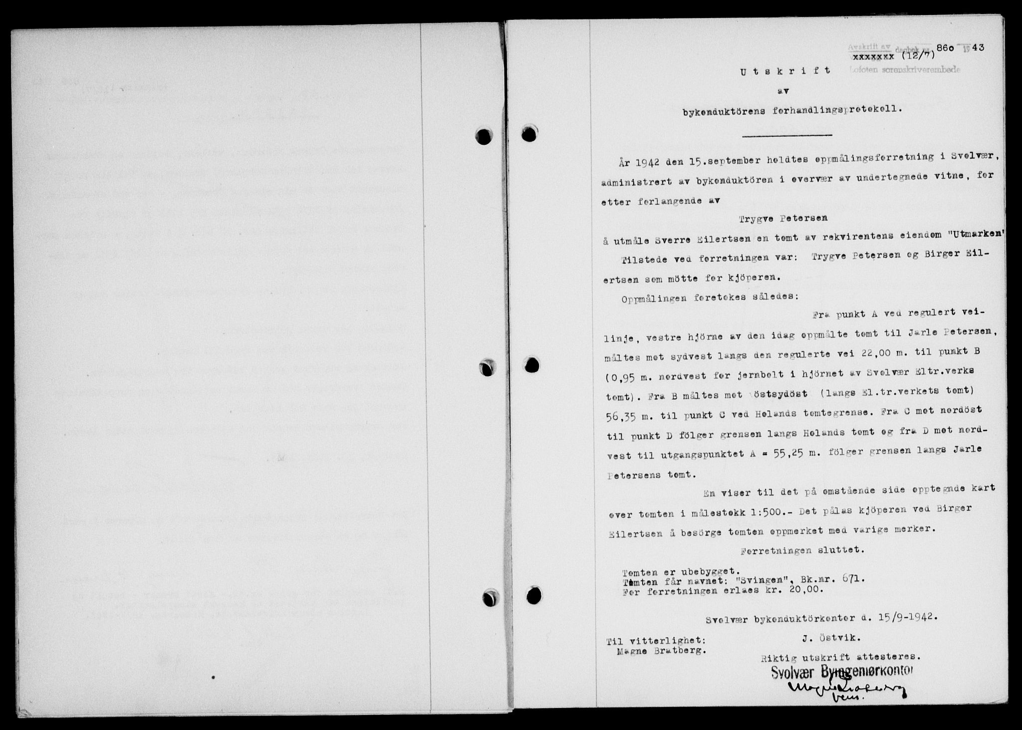 Lofoten sorenskriveri, SAT/A-0017/1/2/2C/L0011a: Mortgage book no. 11a, 1943-1943, Diary no: : 860/1943
