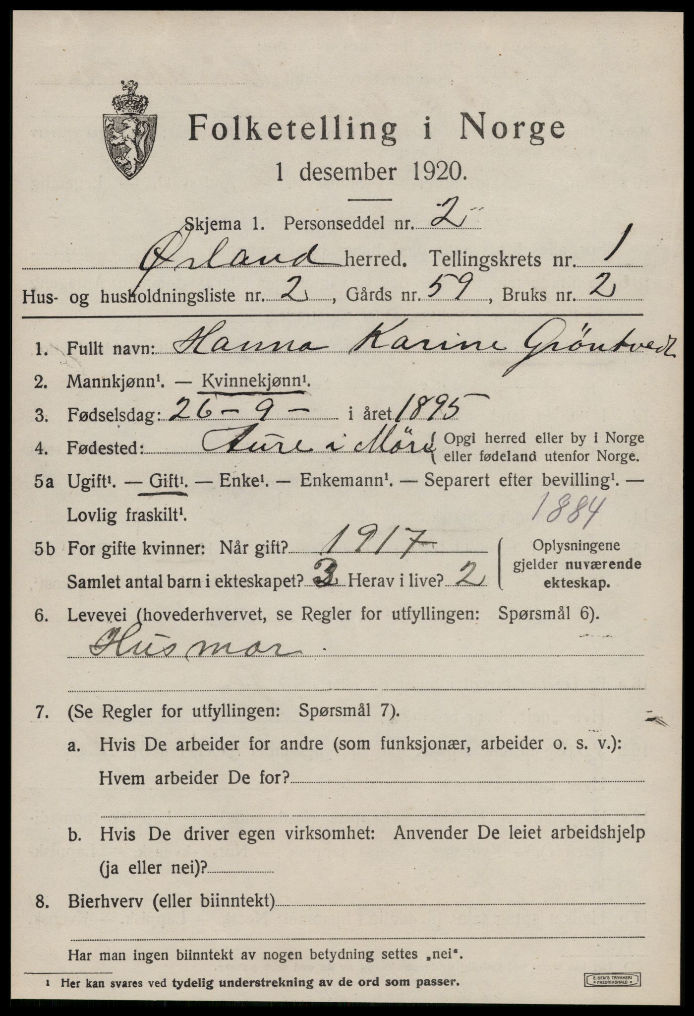 SAT, 1920 census for Ørland, 1920, p. 1367