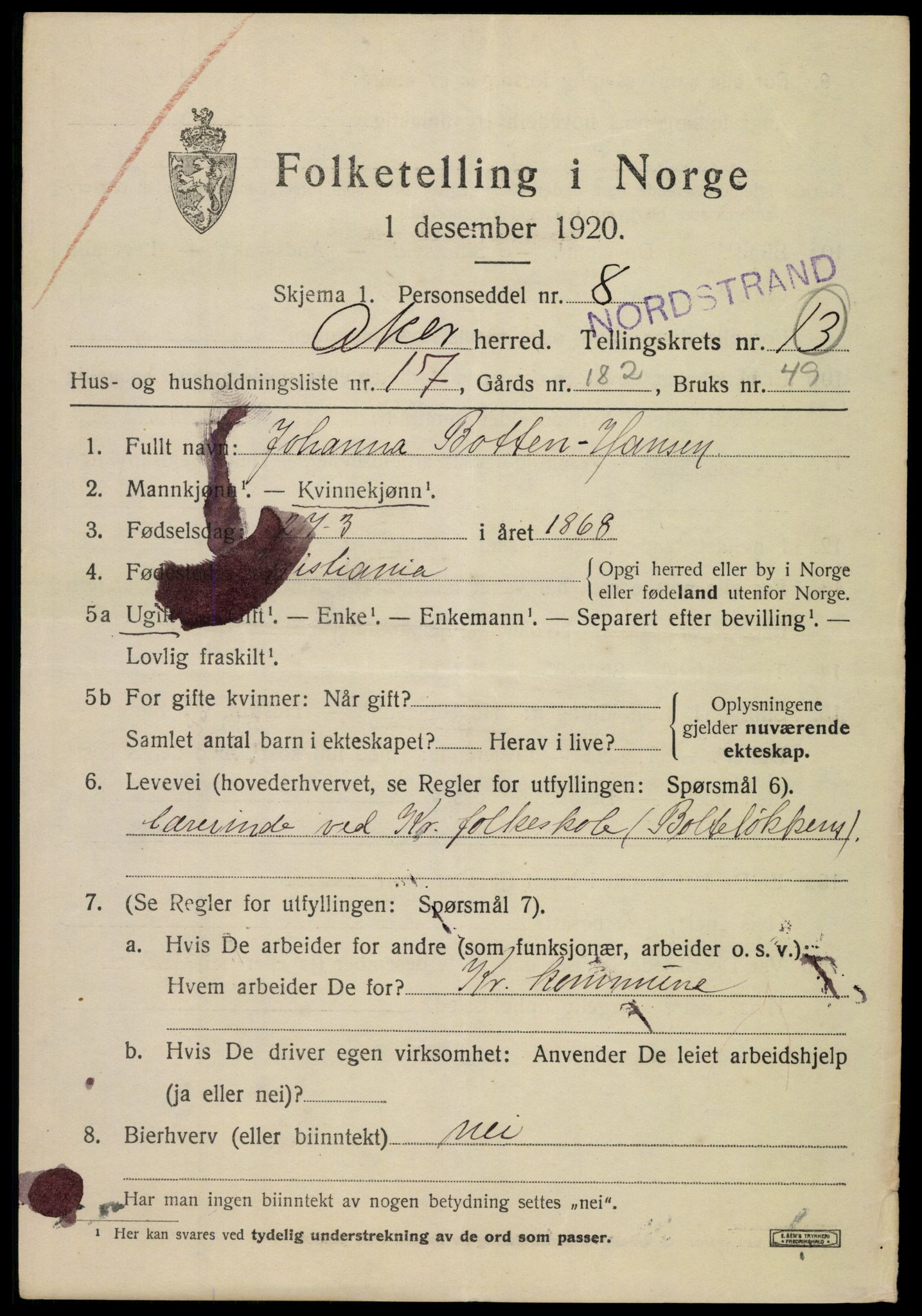 SAO, 1920 census for Aker, 1920, p. 77458