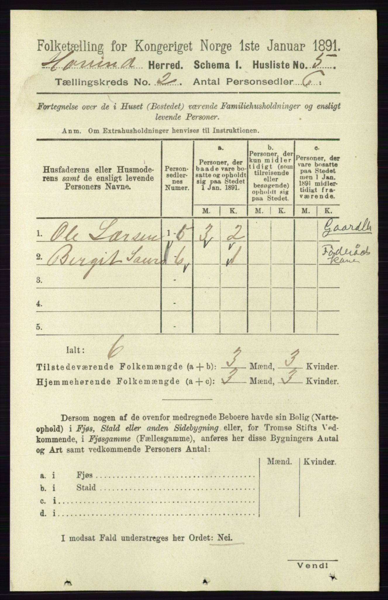 RA, 1891 census for 0825 Hovin, 1891, p. 463