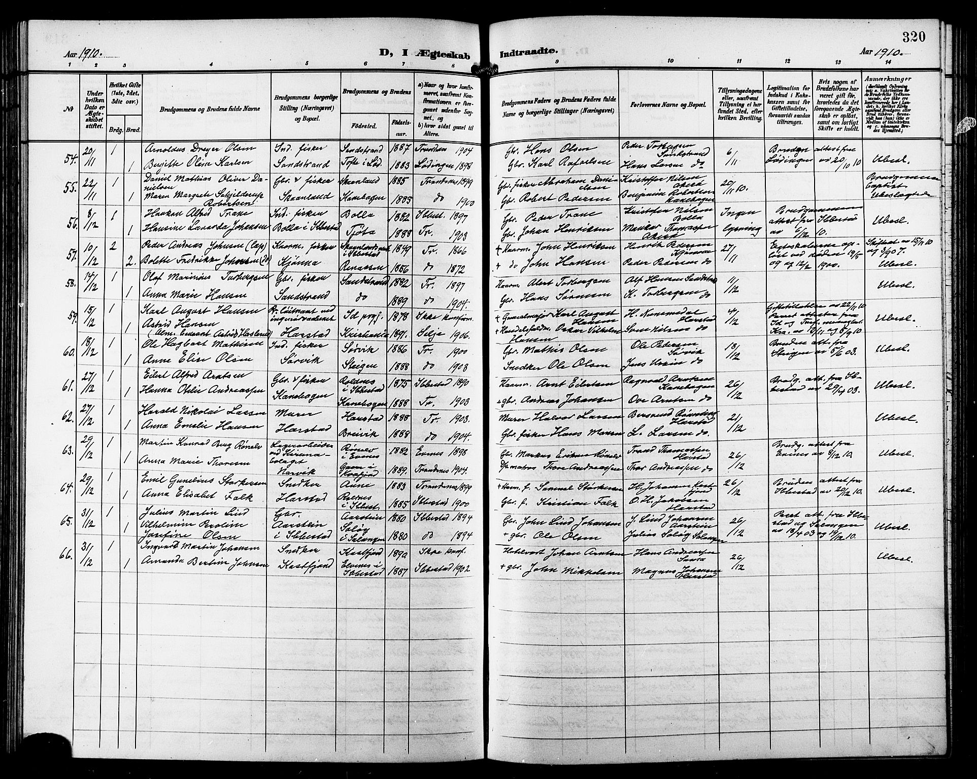 Trondenes sokneprestkontor, AV/SATØ-S-1319/H/Hb/L0012klokker: Parish register (copy) no. 12, 1907-1916, p. 320