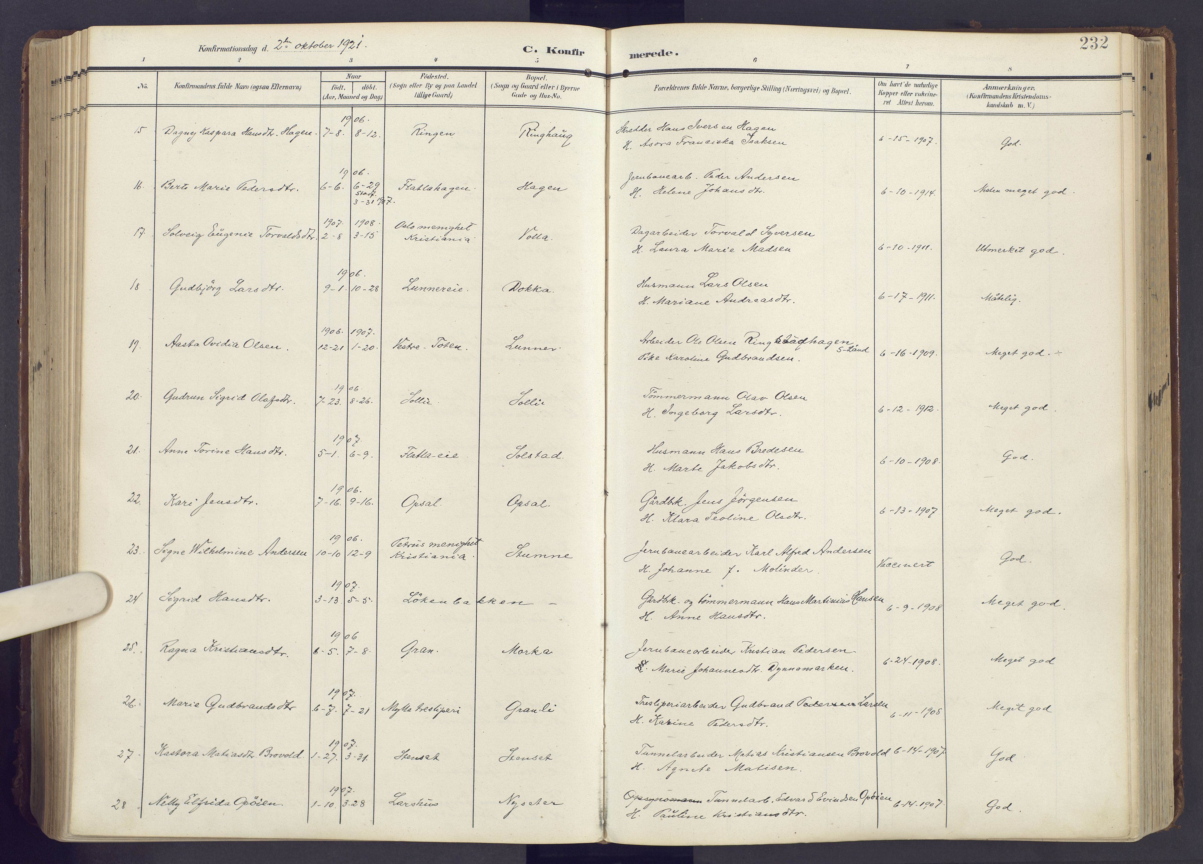 Lunner prestekontor, SAH/PREST-118/H/Ha/Haa/L0001: Parish register (official) no. 1, 1907-1922, p. 232