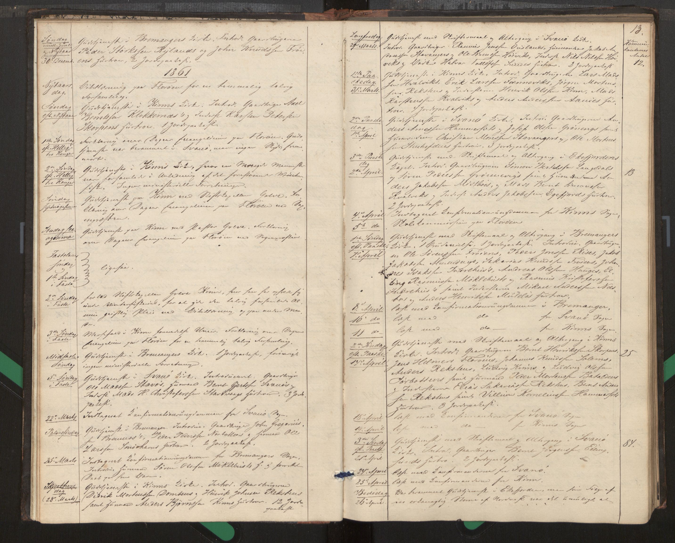 Kinn sokneprestembete, SAB/A-80801/H/Haa/Haag/L0002: Diary records no. G 2, 1859-1890, p. 13