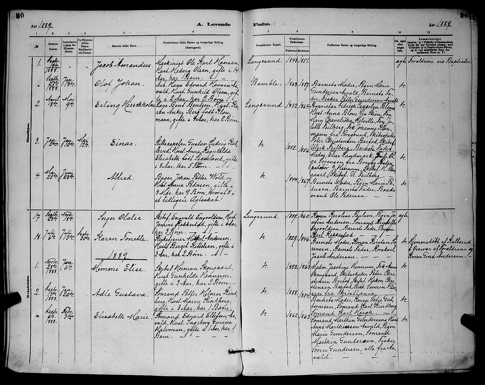 Langesund kirkebøker, SAKO/A-280/G/Ga/L0005: Parish register (copy) no. 5, 1884-1898, p. 20