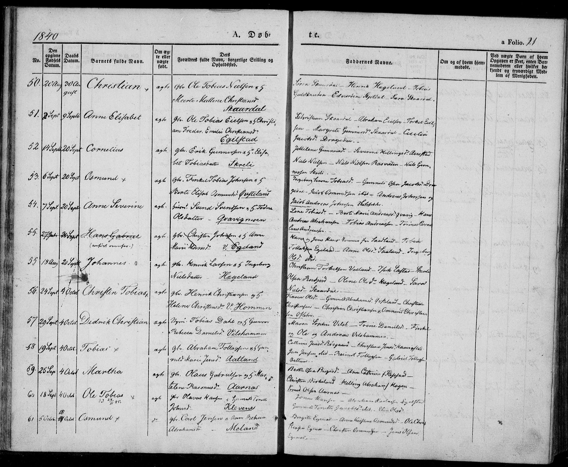 Lyngdal sokneprestkontor, SAK/1111-0029/F/Fa/Fac/L0008: Parish register (official) no. A 8, 1837-1852, p. 21