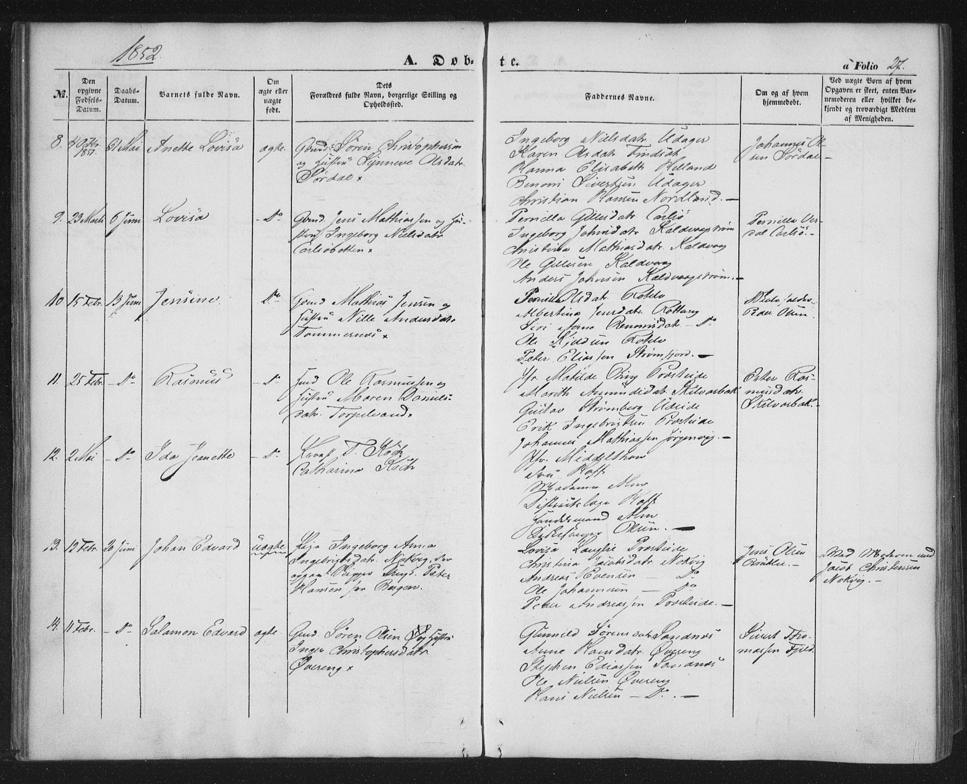 Ministerialprotokoller, klokkerbøker og fødselsregistre - Nordland, SAT/A-1459/859/L0844: Parish register (official) no. 859A04, 1849-1862, p. 27