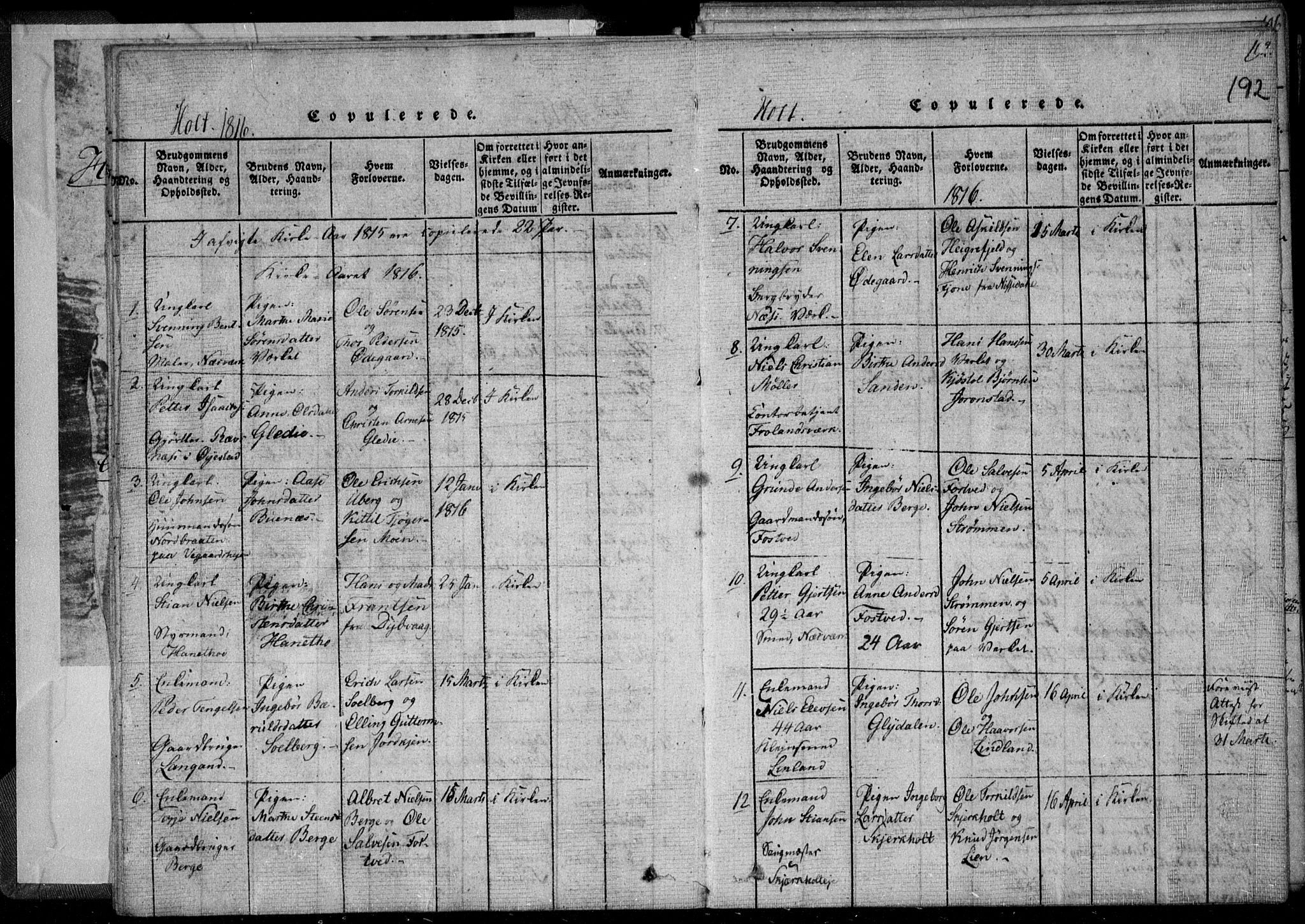 Holt sokneprestkontor, SAK/1111-0021/F/Fa/L0005: Parish register (official) no. A 5, 1813-1821, p. 192