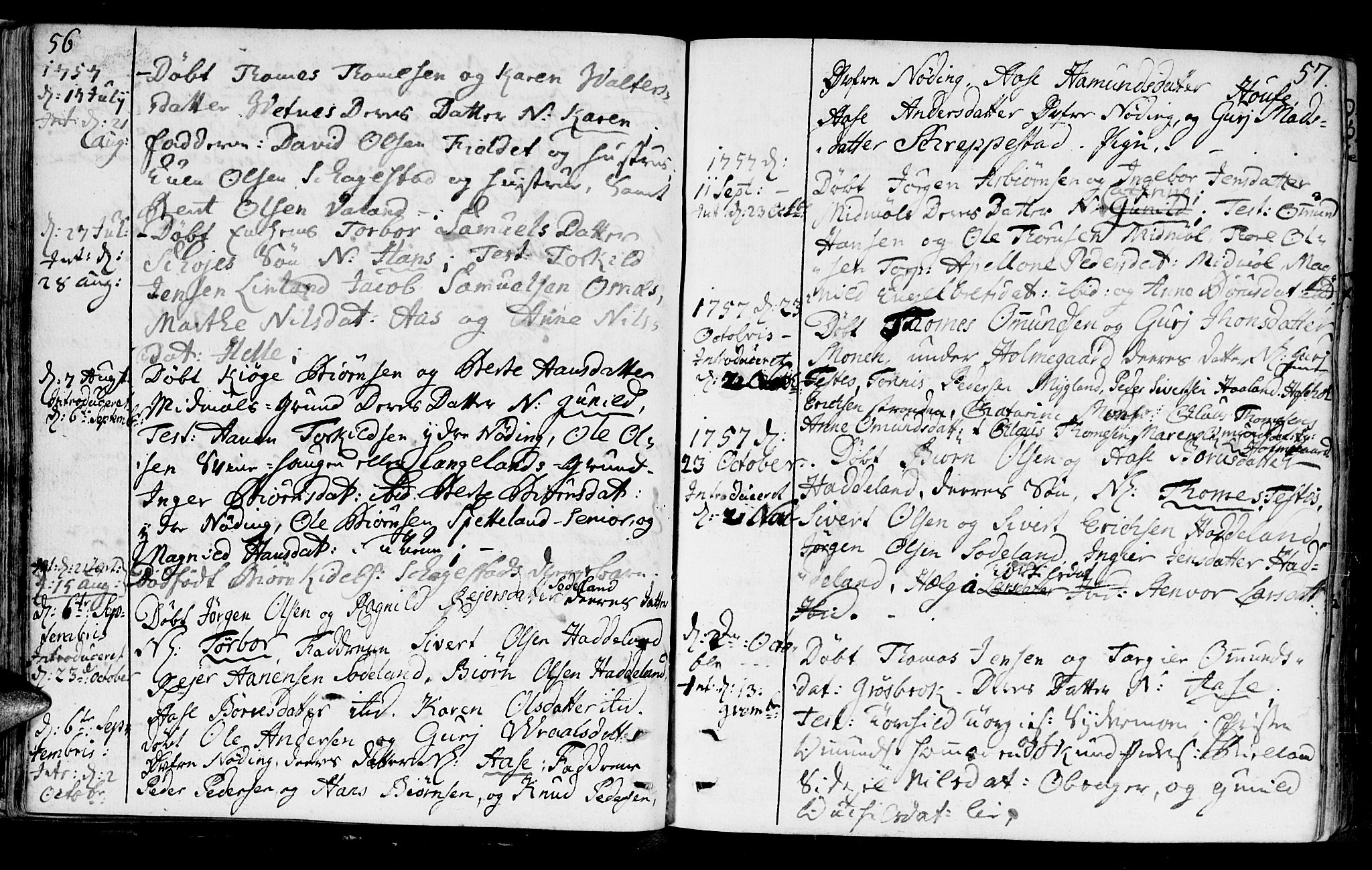 Holum sokneprestkontor, SAK/1111-0022/F/Fa/Faa/L0002: Parish register (official) no. A 2, 1756-1780, p. 56-57