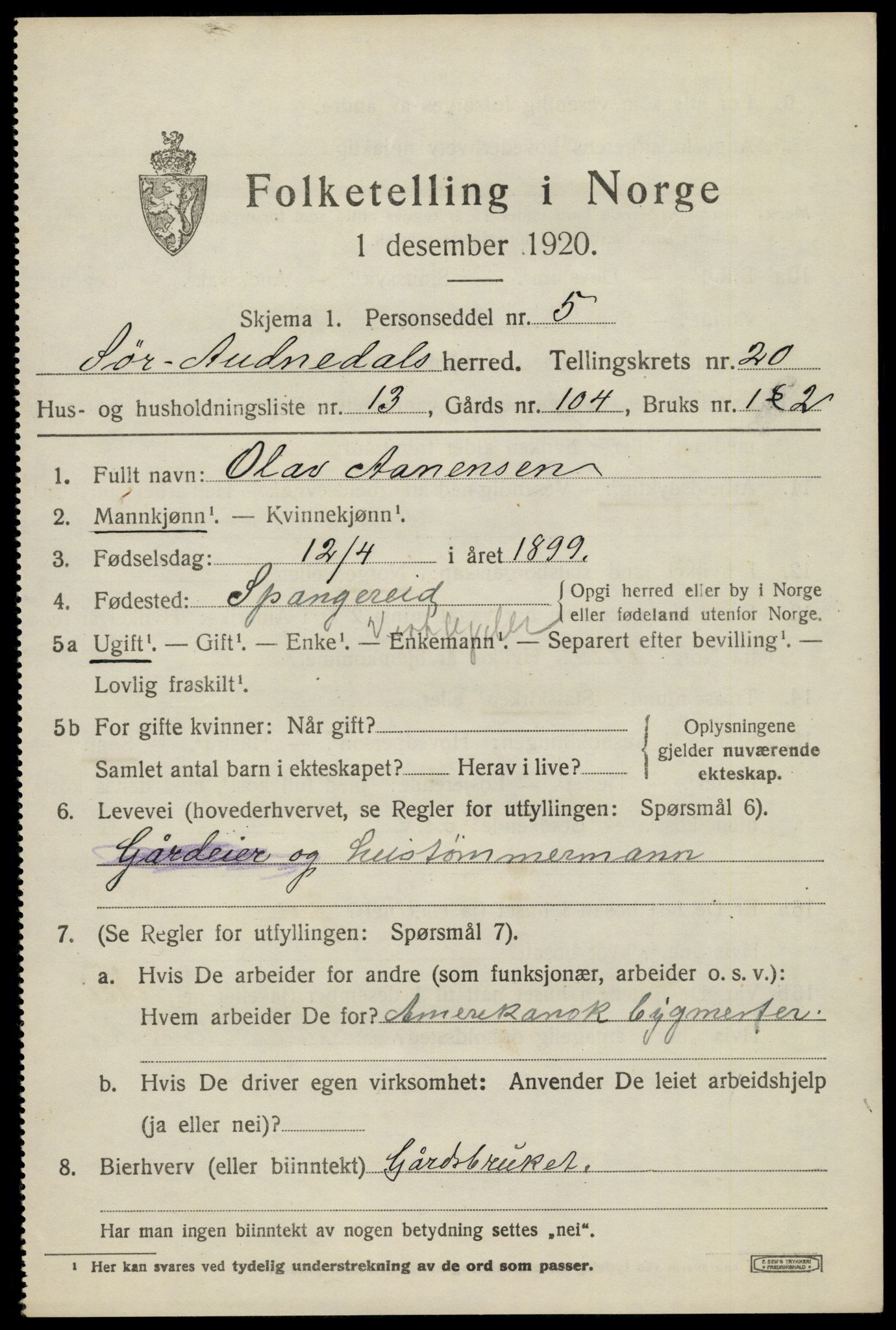 SAK, 1920 census for Sør-Audnedal, 1920, p. 6833