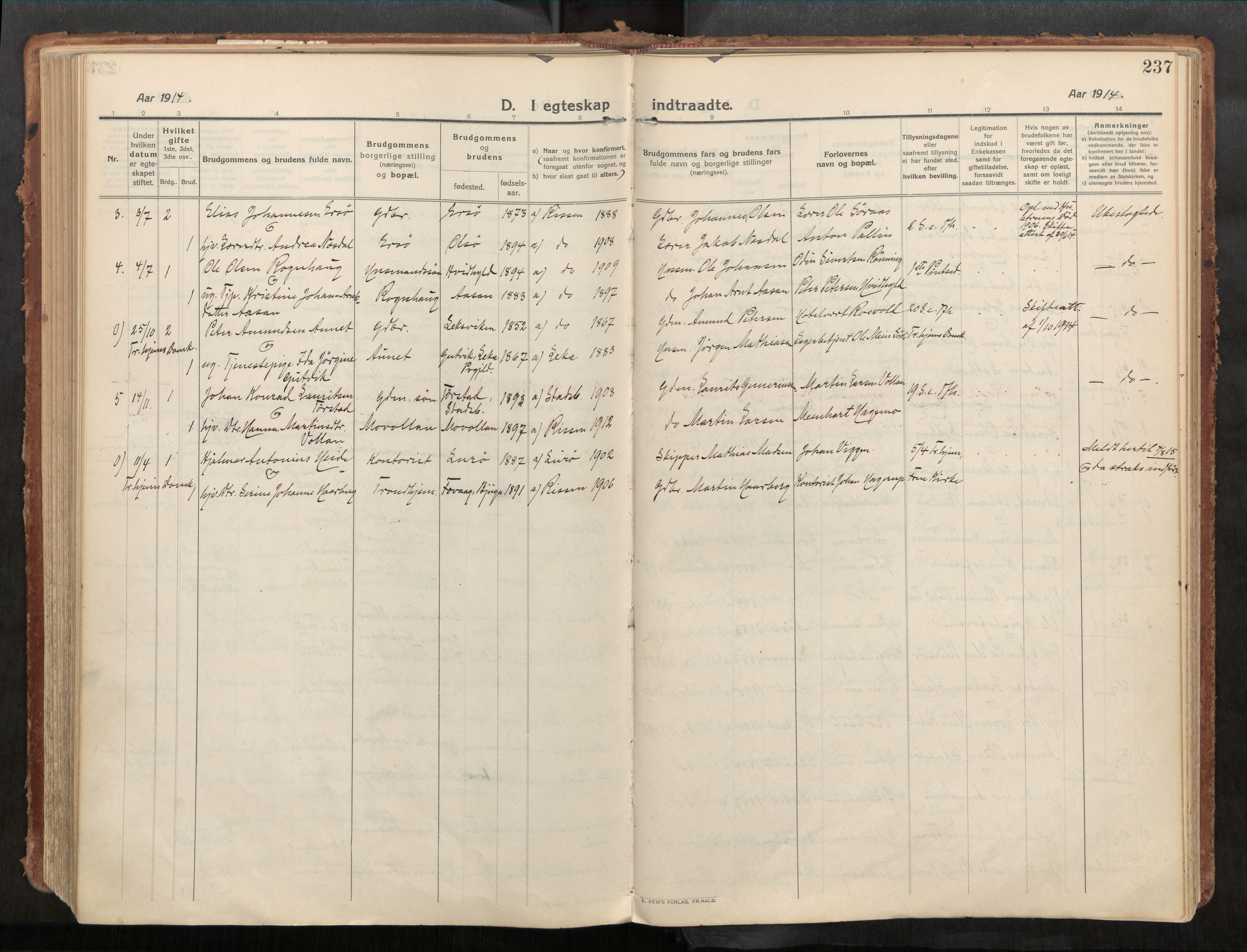 Stadsbygd sokneprestkontor, AV/SAT-A-1117/1/I/I1/I1a/L0001: Parish register (official) no. 1, 1911-1929, p. 237