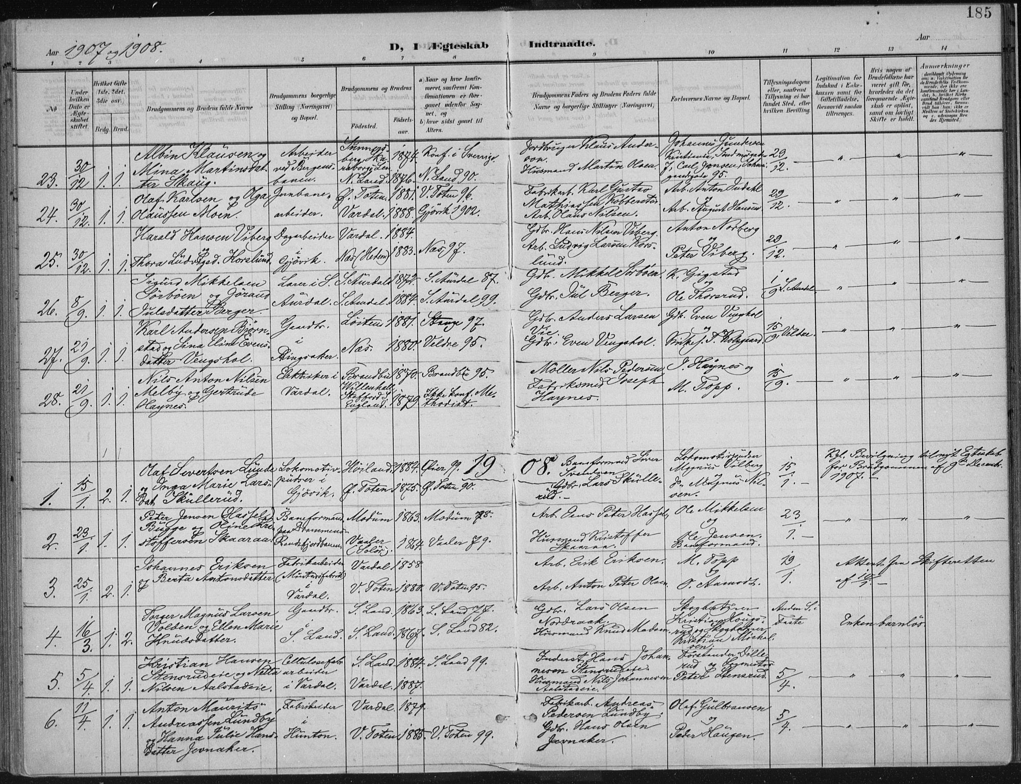 Vardal prestekontor, SAH/PREST-100/H/Ha/Haa/L0013: Parish register (official) no. 13, 1901-1911, p. 185