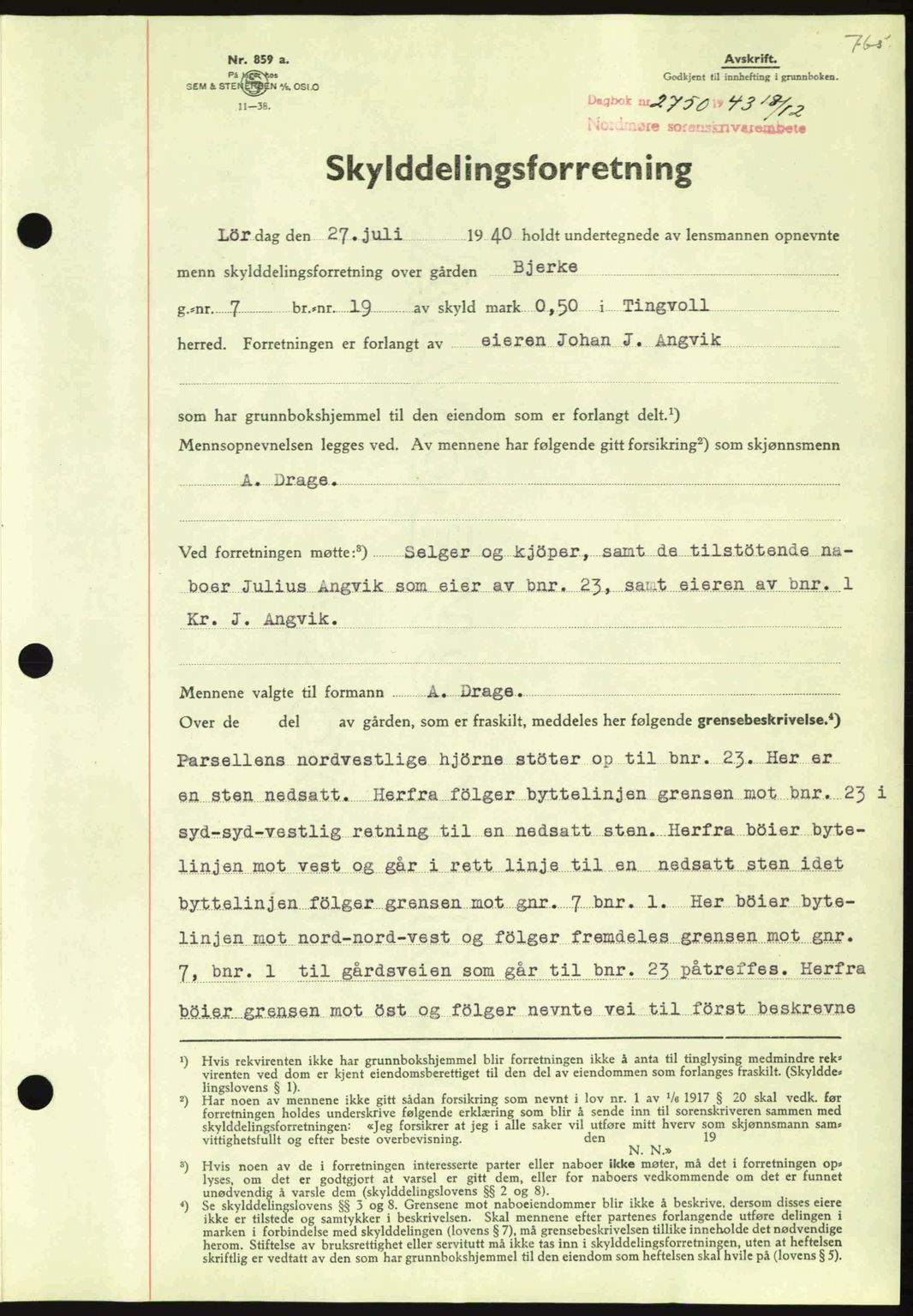 Nordmøre sorenskriveri, SAT/A-4132/1/2/2Ca: Mortgage book no. A96, 1943-1944, Diary no: : 2750/1943
