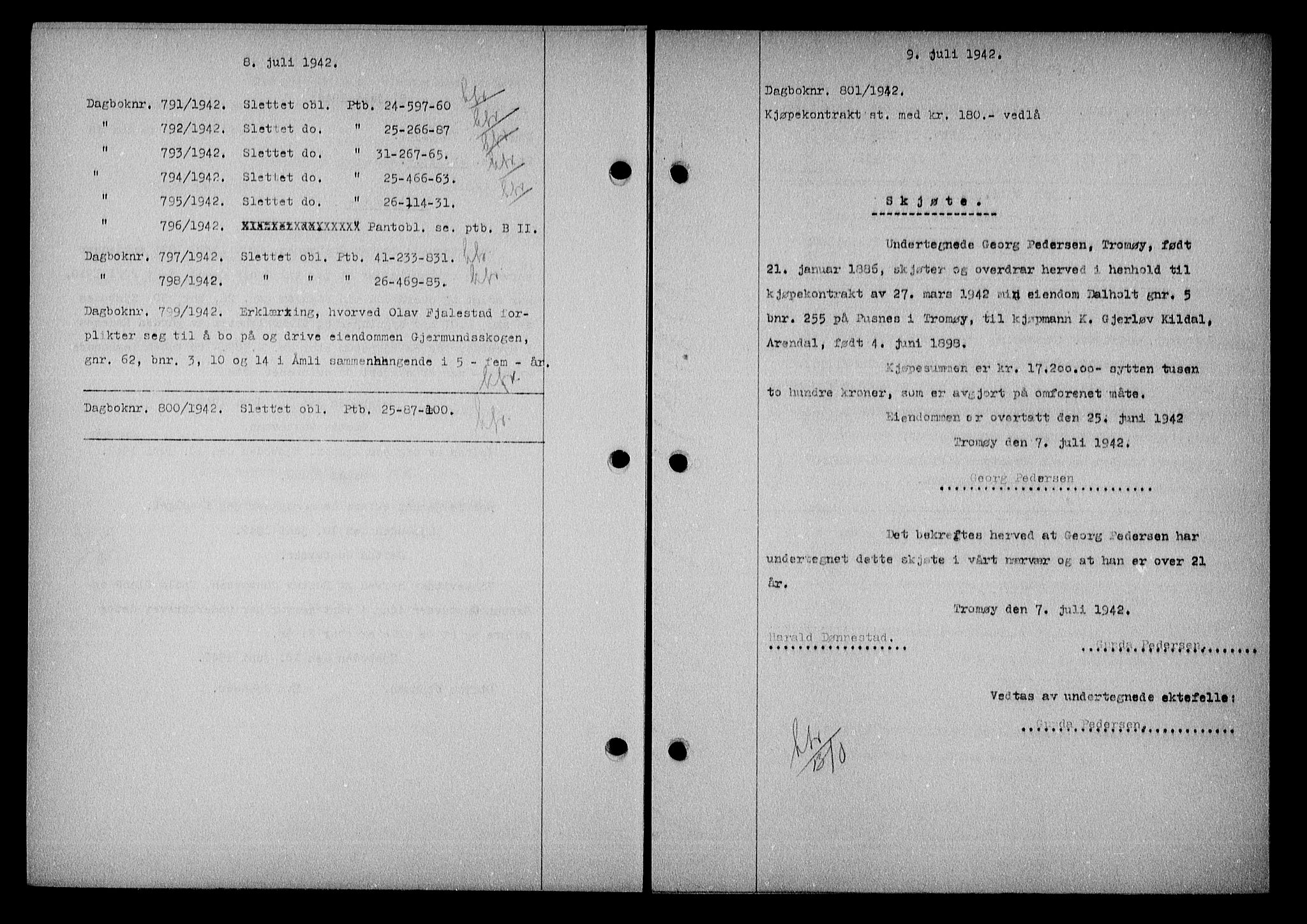 Nedenes sorenskriveri, SAK/1221-0006/G/Gb/Gba/L0049: Mortgage book no. A-III, 1941-1942, Diary no: : 801/1942