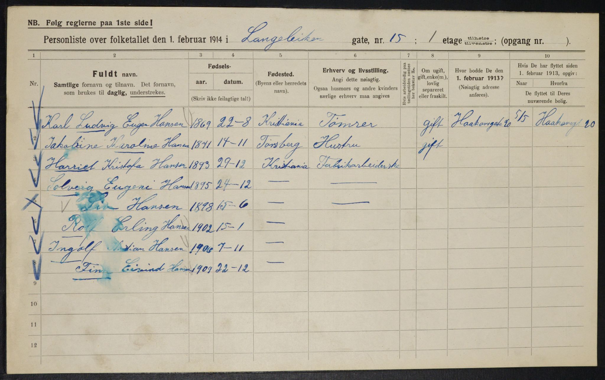 OBA, Municipal Census 1914 for Kristiania, 1914, p. 56988