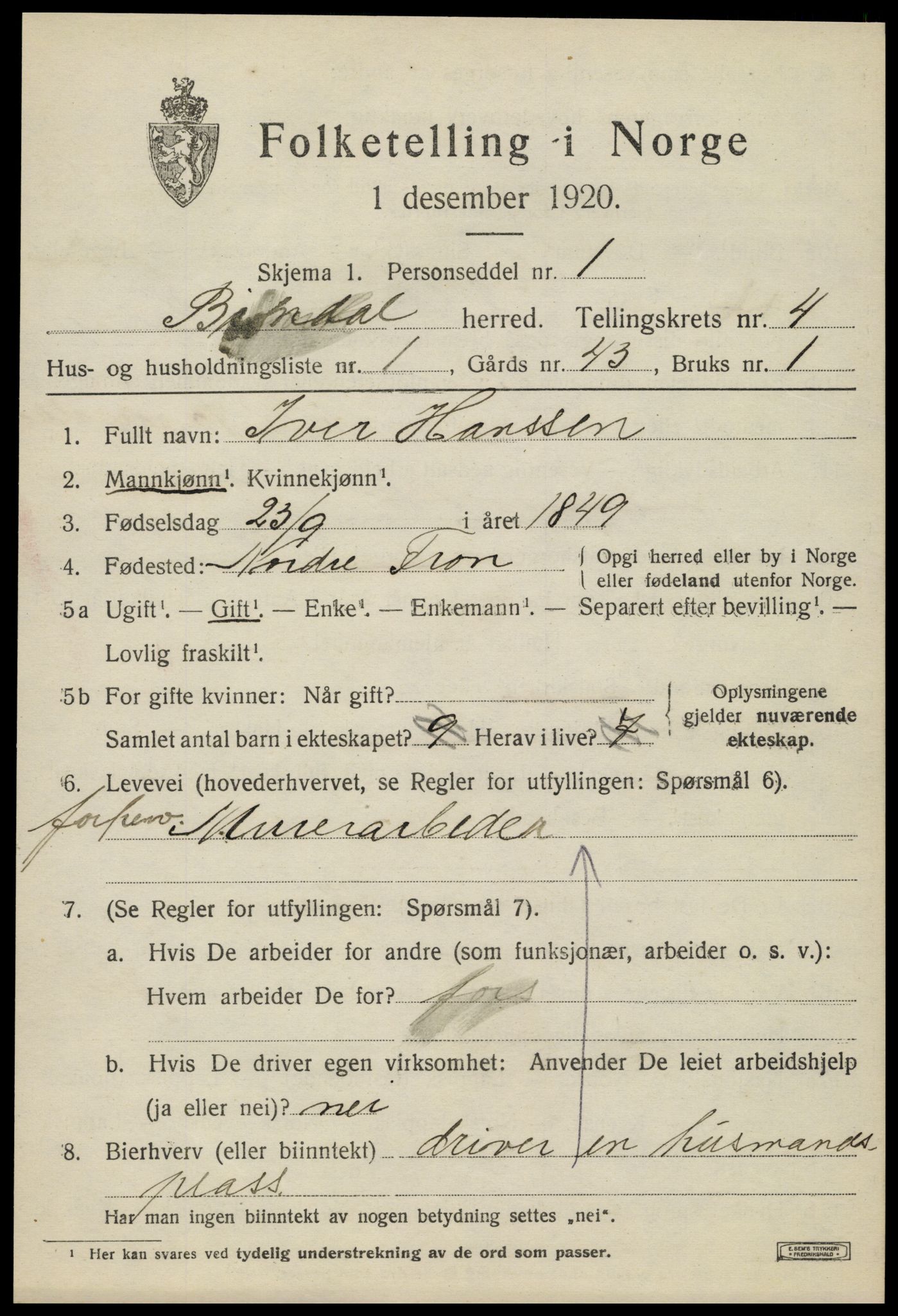 SAT, 1920 census for Bindal, 1920, p. 3311