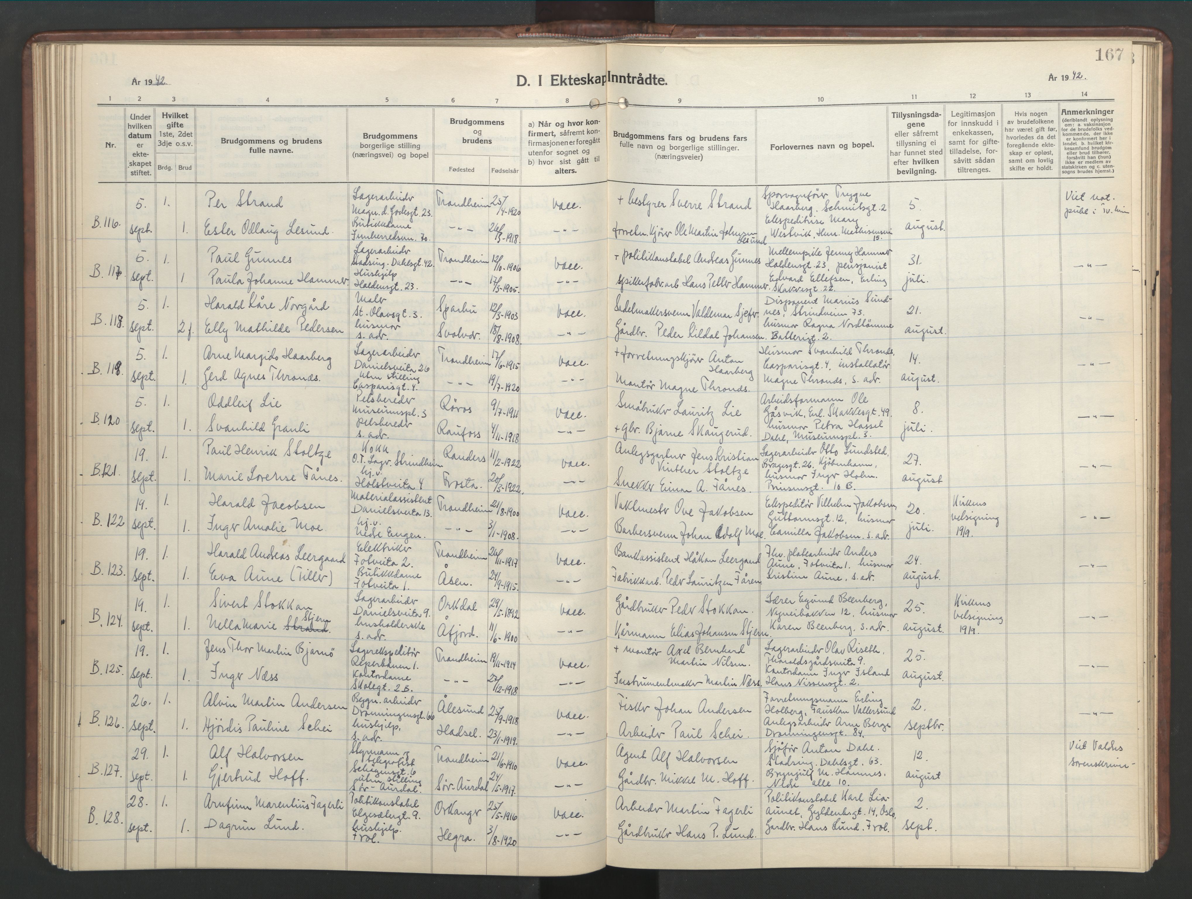 Ministerialprotokoller, klokkerbøker og fødselsregistre - Sør-Trøndelag, AV/SAT-A-1456/601/L0101: Parish register (copy) no. 601C19, 1935-1946, p. 167