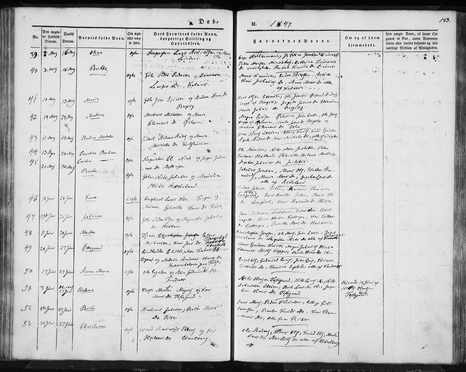 Lindås Sokneprestembete, SAB/A-76701/H/Haa: Parish register (official) no. A 10, 1842-1862, p. 123