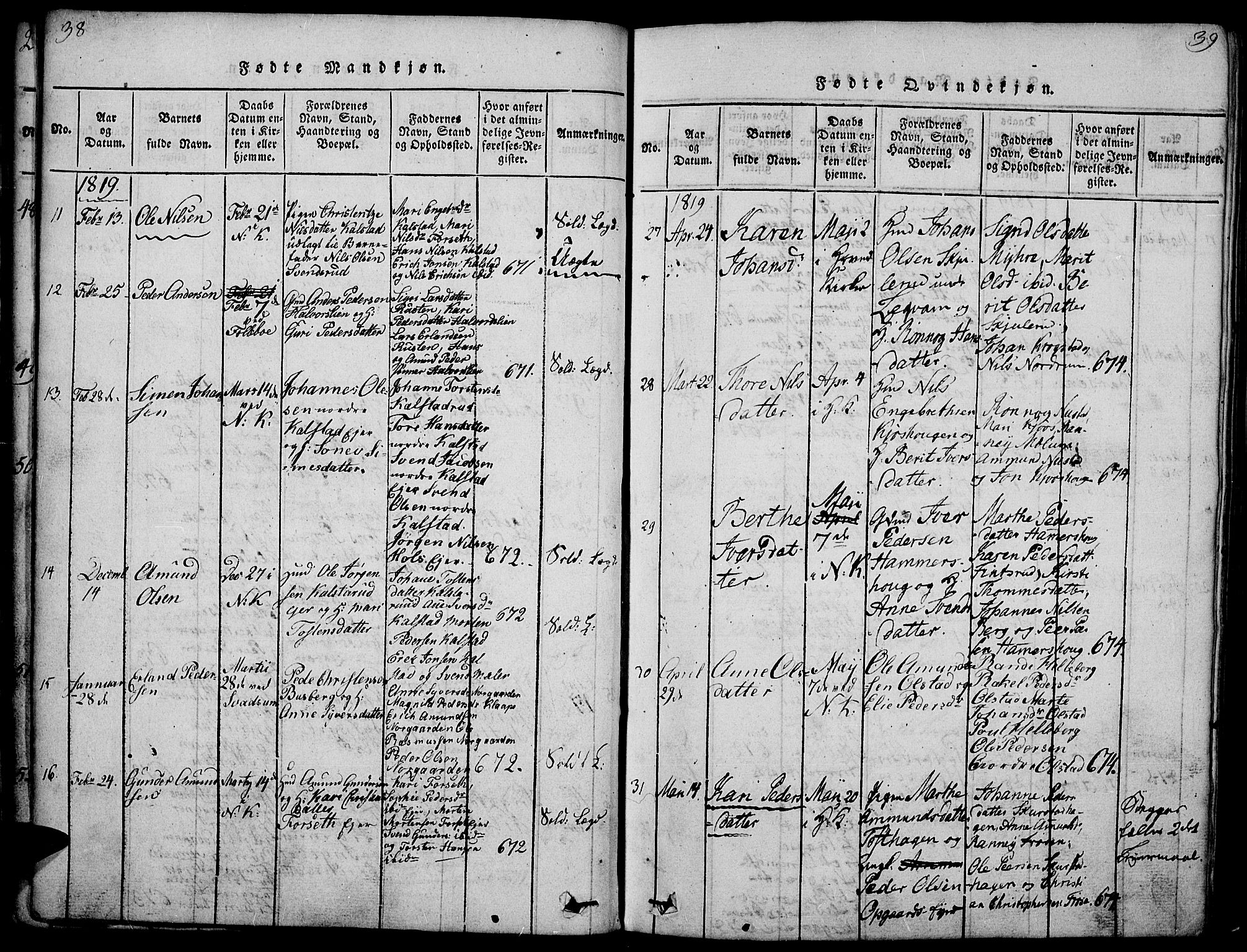 Gausdal prestekontor, SAH/PREST-090/H/Ha/Haa/L0005: Parish register (official) no. 5, 1817-1829, p. 38-39