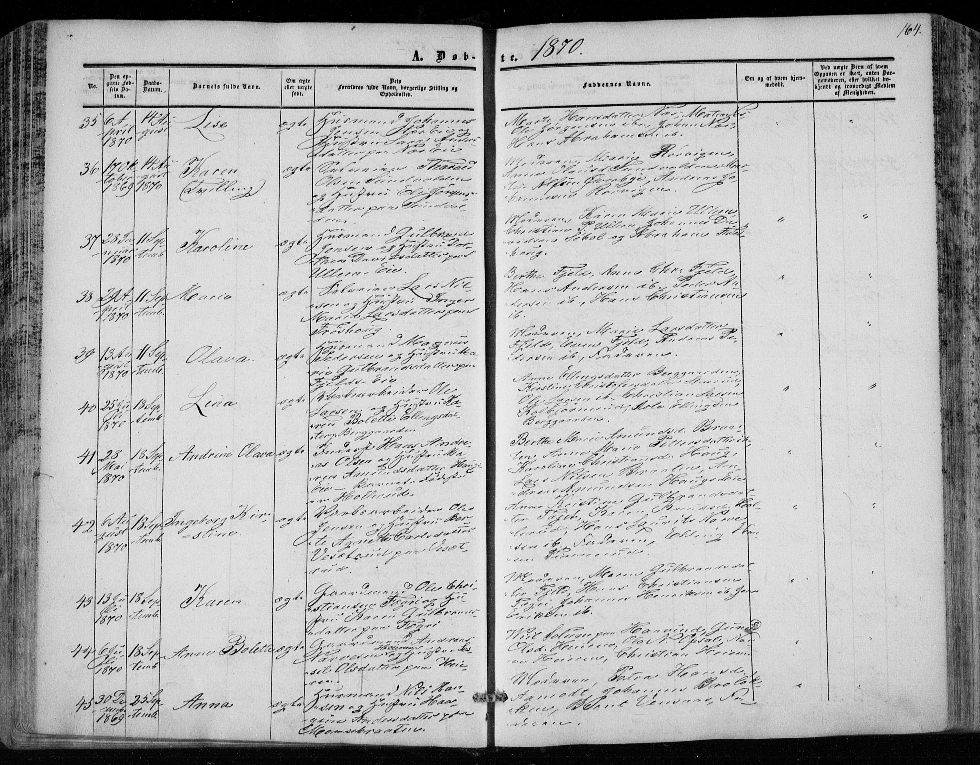 Hole kirkebøker, SAKO/A-228/F/Fa/L0006: Parish register (official) no. I 6, 1852-1872, p. 164