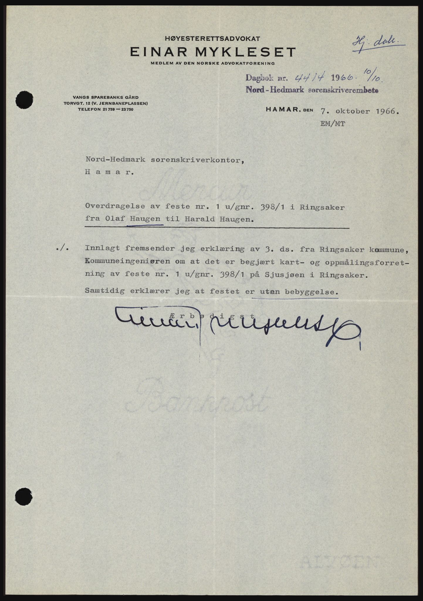 Nord-Hedmark sorenskriveri, SAH/TING-012/H/Hc/L0024: Mortgage book no. 24, 1966-1966, Diary no: : 4414/1966