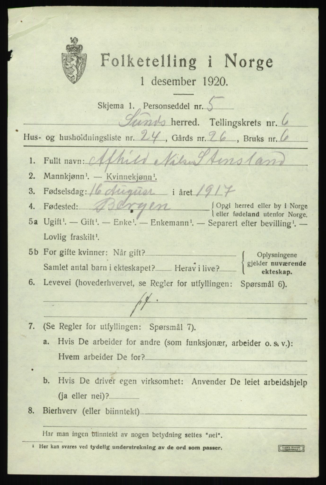 SAB, 1920 census for Sund, 1920, p. 4179