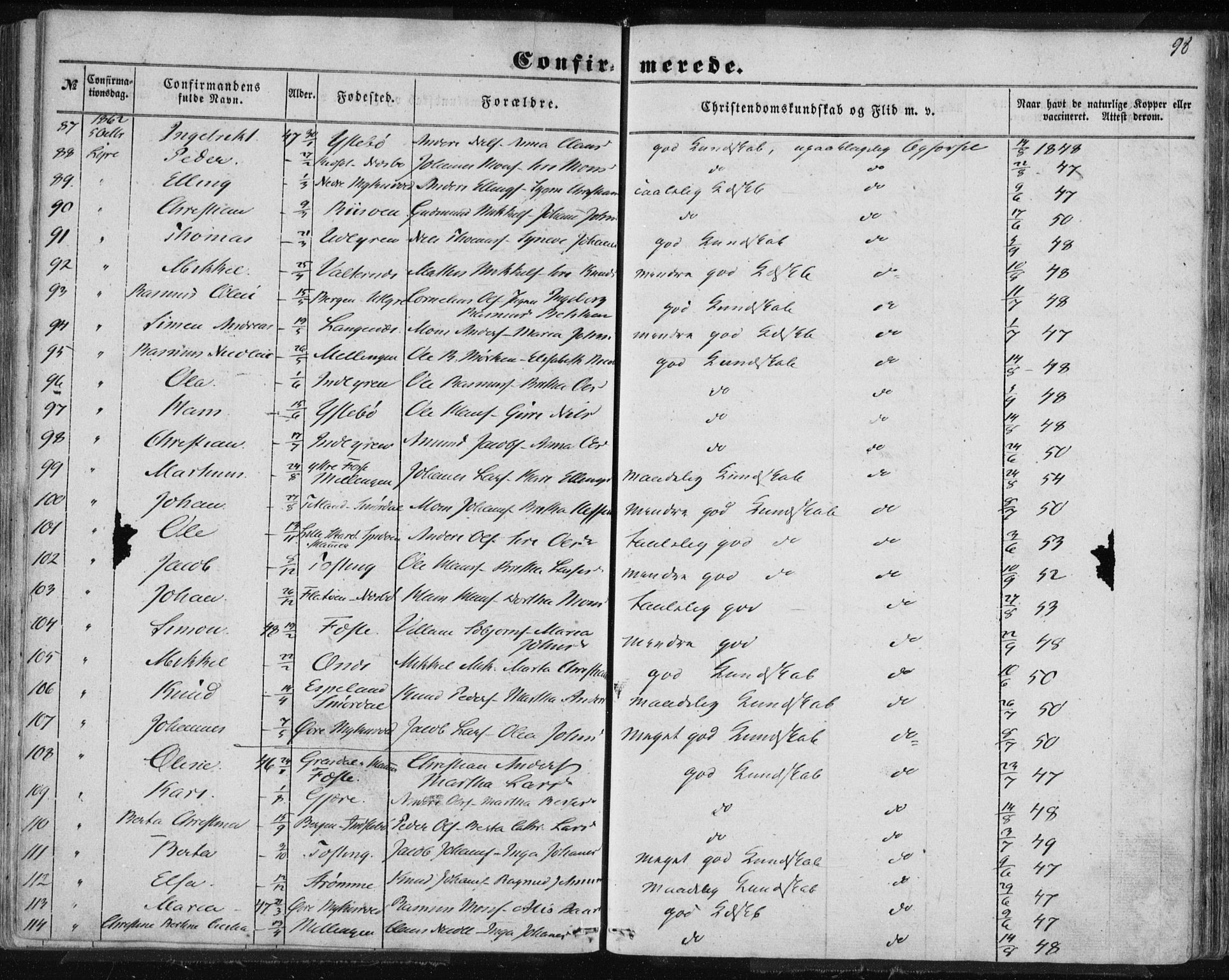 Lindås Sokneprestembete, AV/SAB-A-76701/H/Haa/Haaa/L0013: Parish register (official) no. A 13, 1848-1862, p. 98