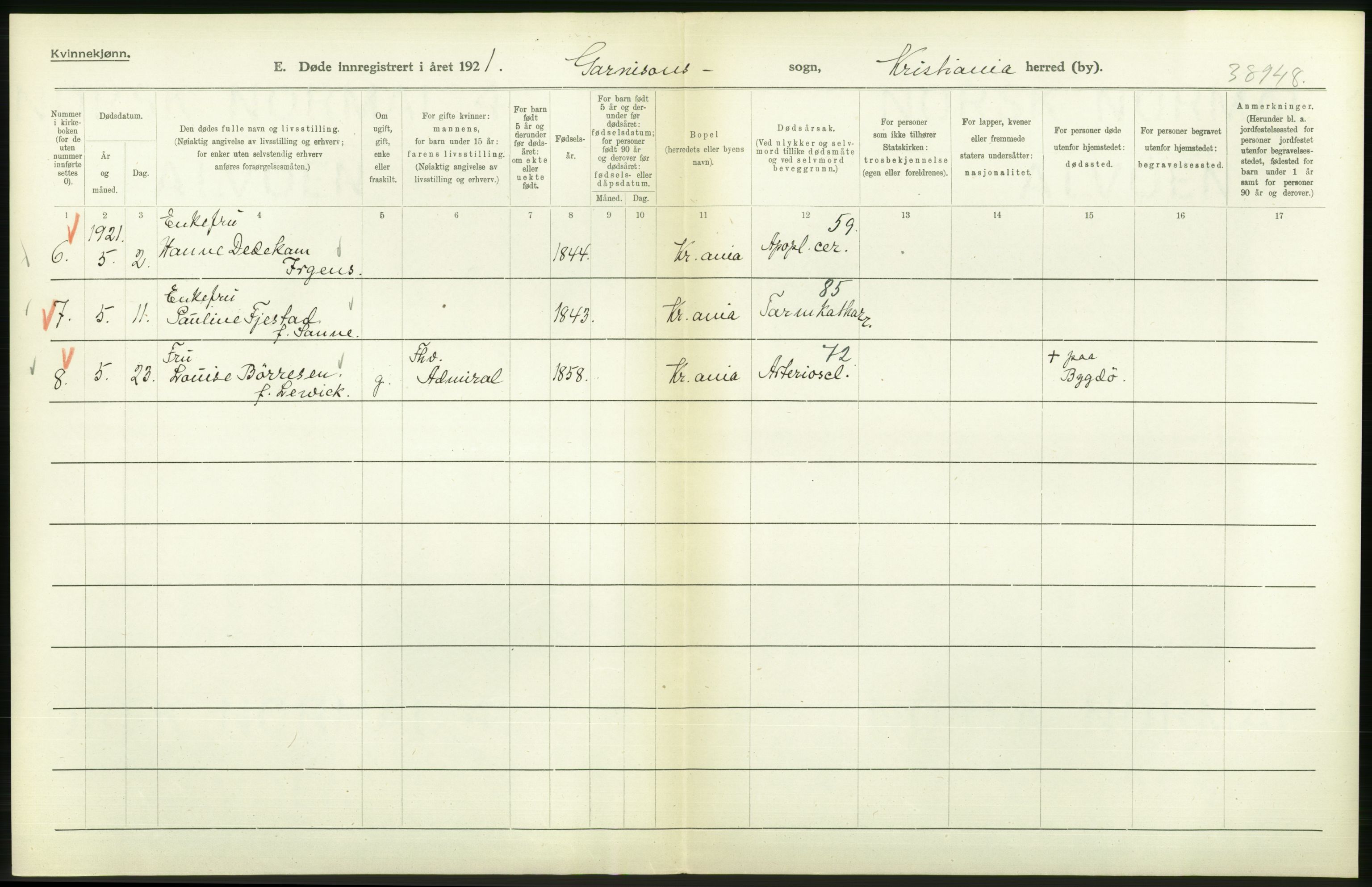 Statistisk sentralbyrå, Sosiodemografiske emner, Befolkning, AV/RA-S-2228/D/Df/Dfc/Dfca/L0013: Kristiania: Døde, dødfødte, 1921, p. 180