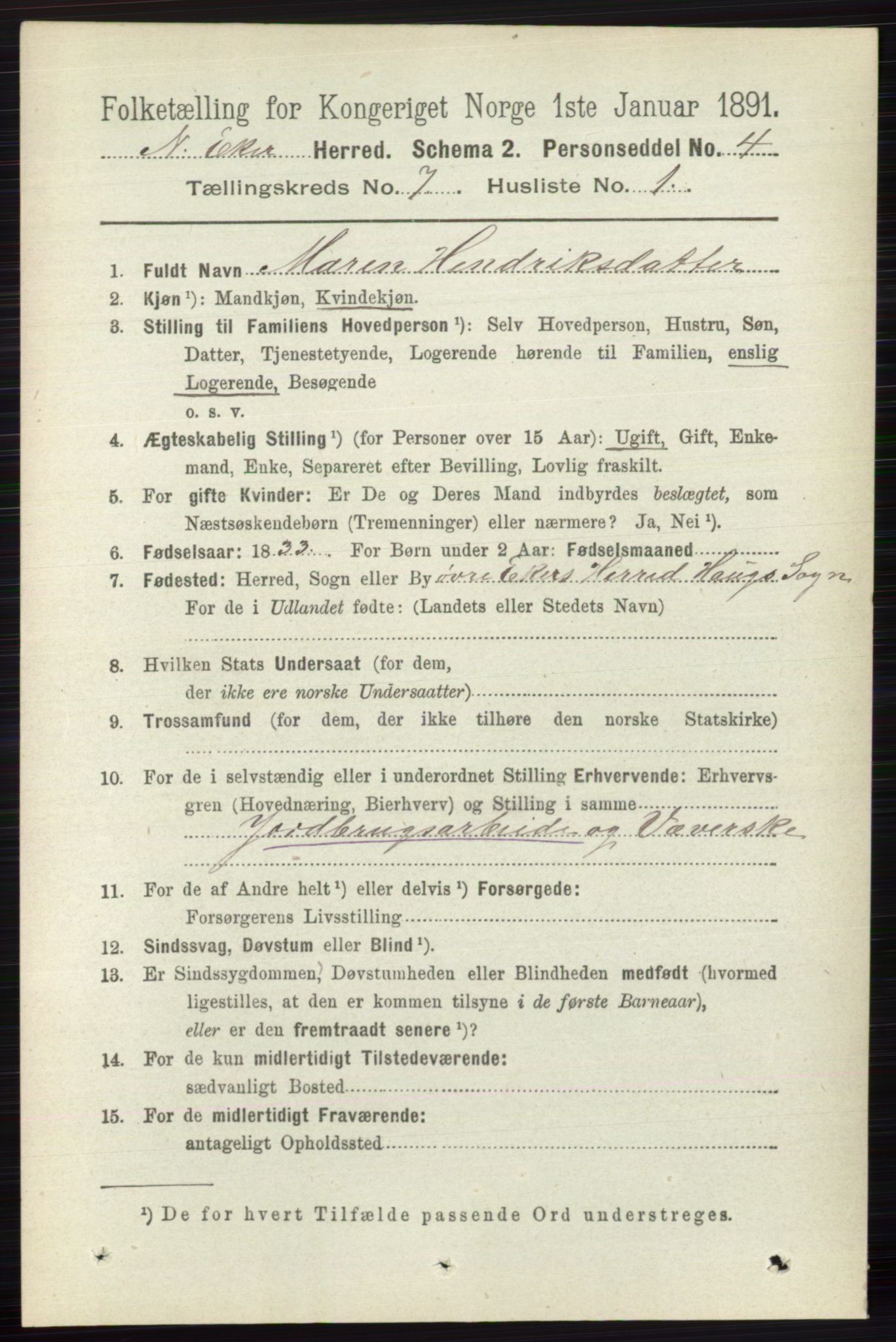 RA, 1891 census for 0625 Nedre Eiker, 1891, p. 3408