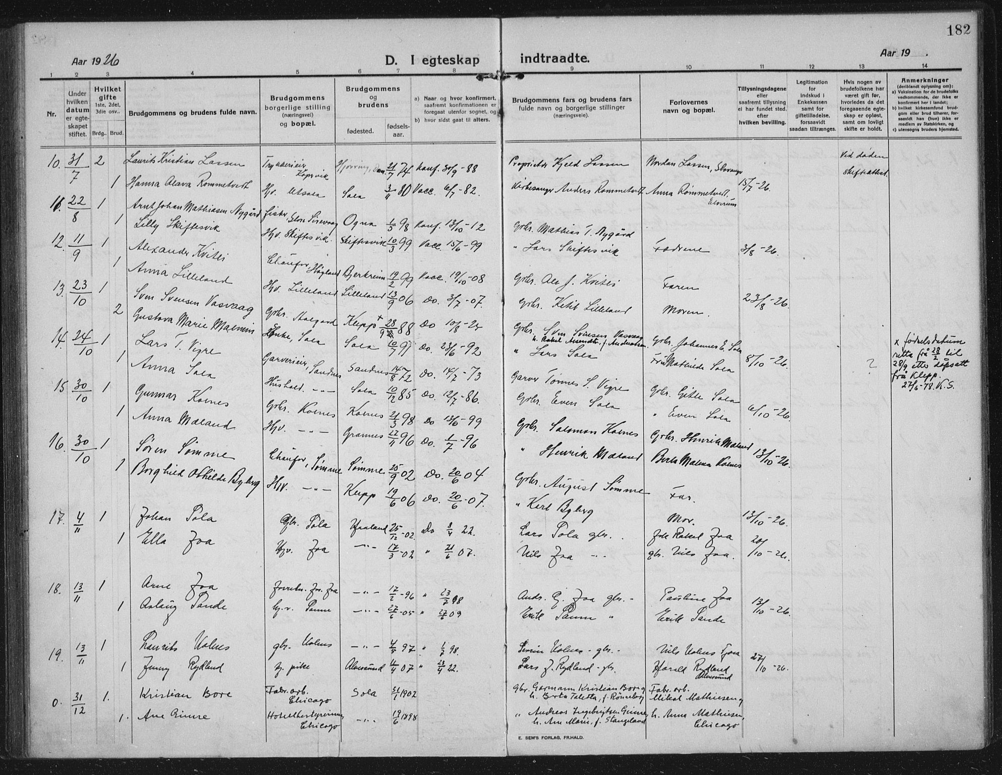 Håland sokneprestkontor, SAST/A-101802/002/C/L0001: Parish register (official) no. A 14, 1913-1927, p. 182