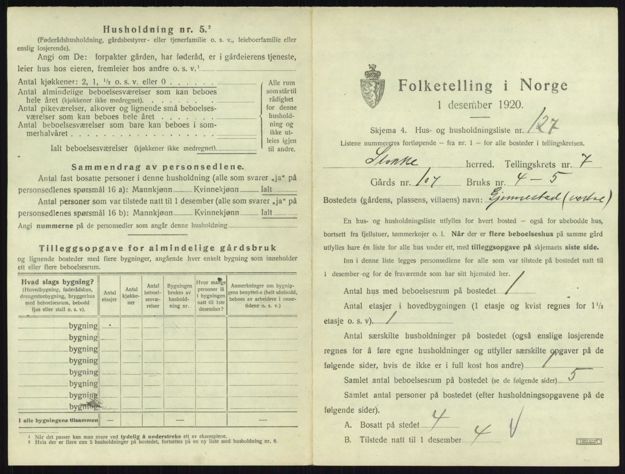 SAKO, 1920 census for Stokke, 1920, p. 1453