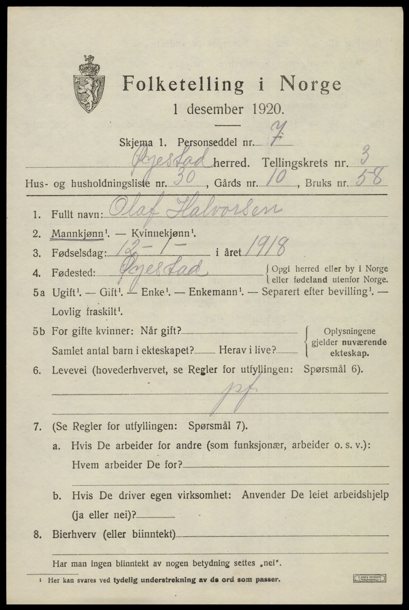 SAK, 1920 census for Øyestad, 1920, p. 2996