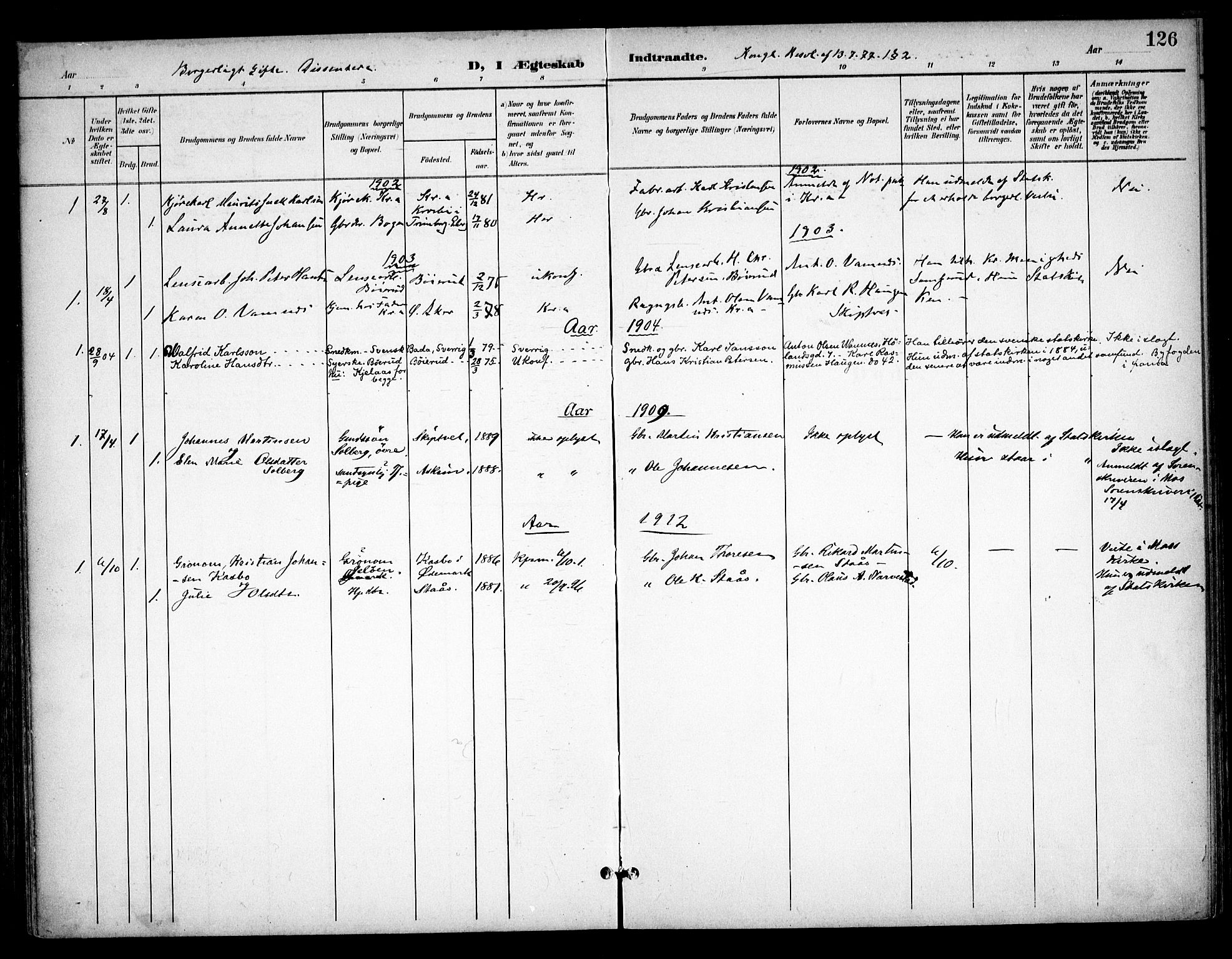 Skiptvet prestekontor Kirkebøker, AV/SAO-A-20009/F/Fa/L0011: Parish register (official) no. 11, 1901-1913, p. 126