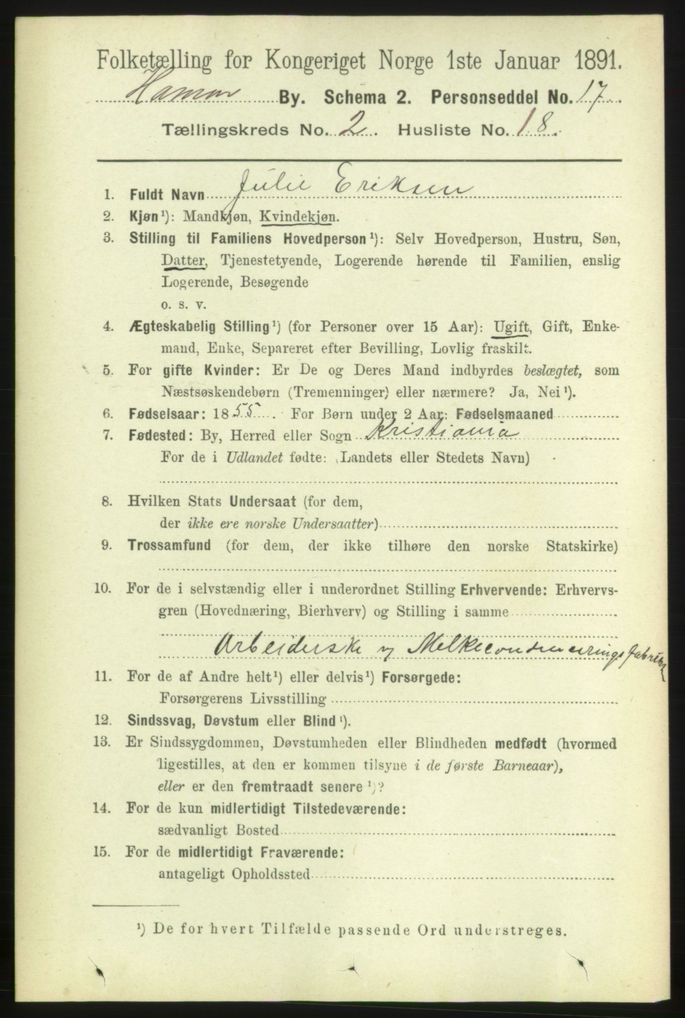 RA, 1891 census for 0401 Hamar, 1891, p. 1245