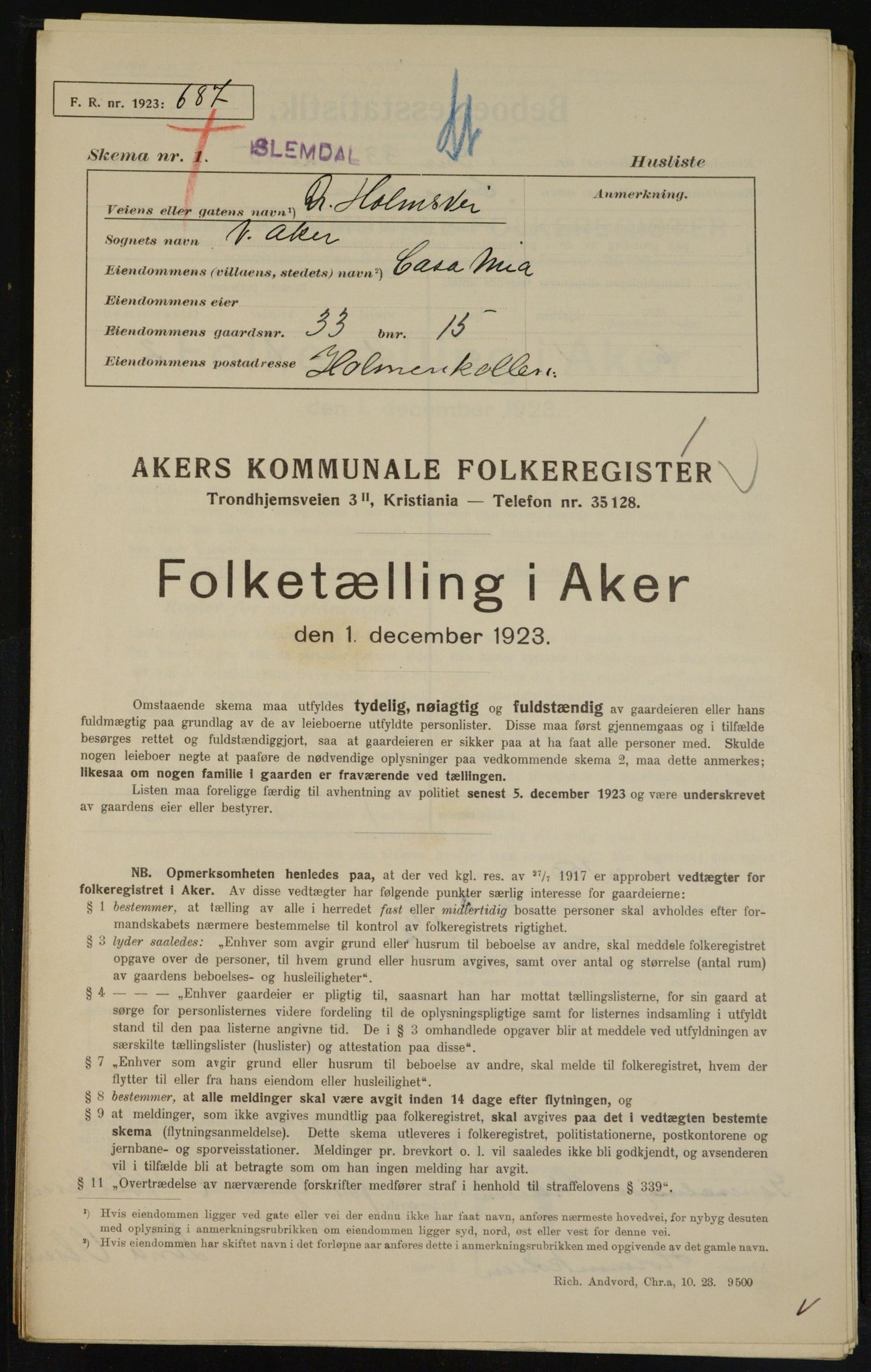 , Municipal Census 1923 for Aker, 1923, p. 11635