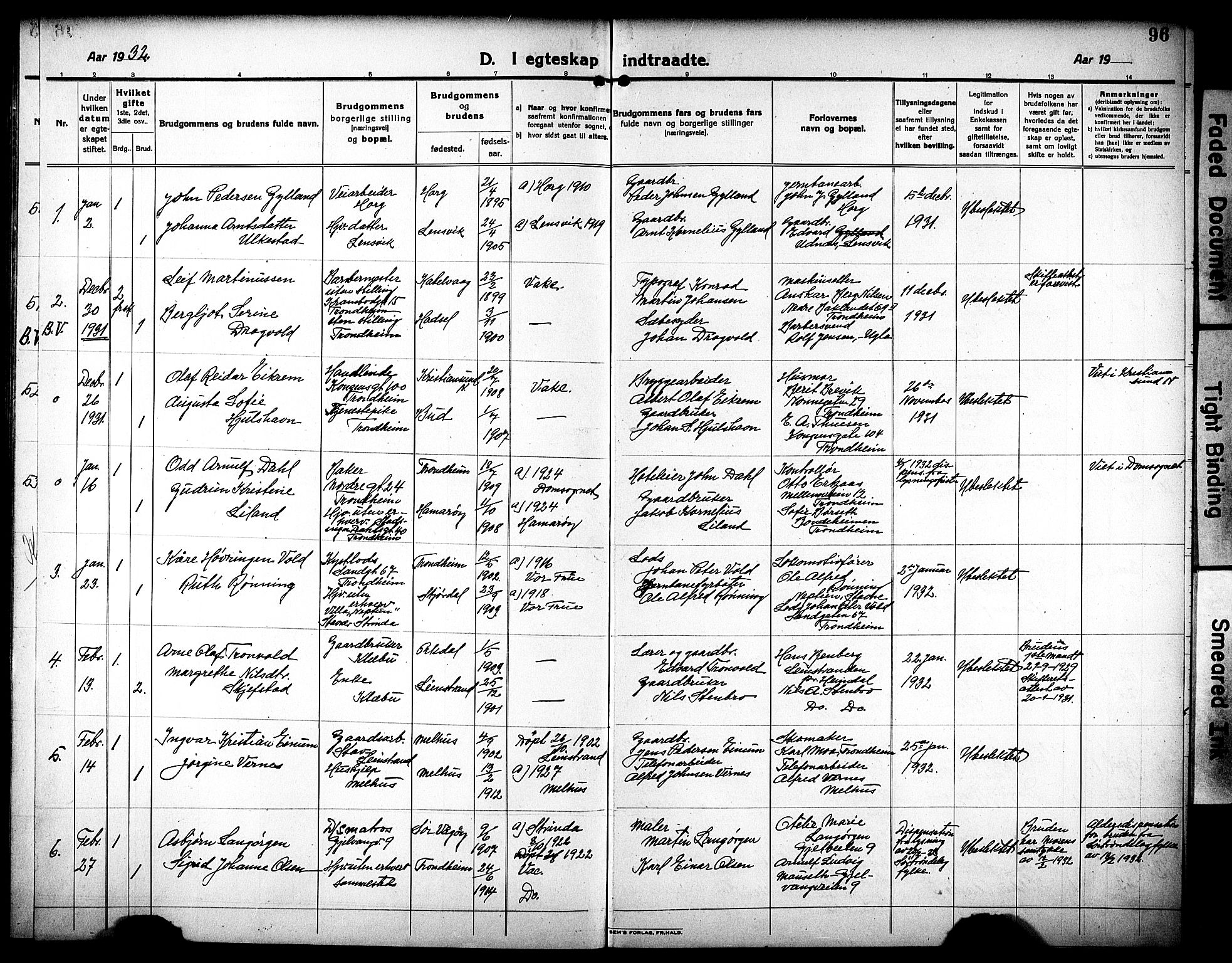 Ministerialprotokoller, klokkerbøker og fødselsregistre - Sør-Trøndelag, AV/SAT-A-1456/602/L0149: Parish register (copy) no. 602C17, 1919-1932, p. 96