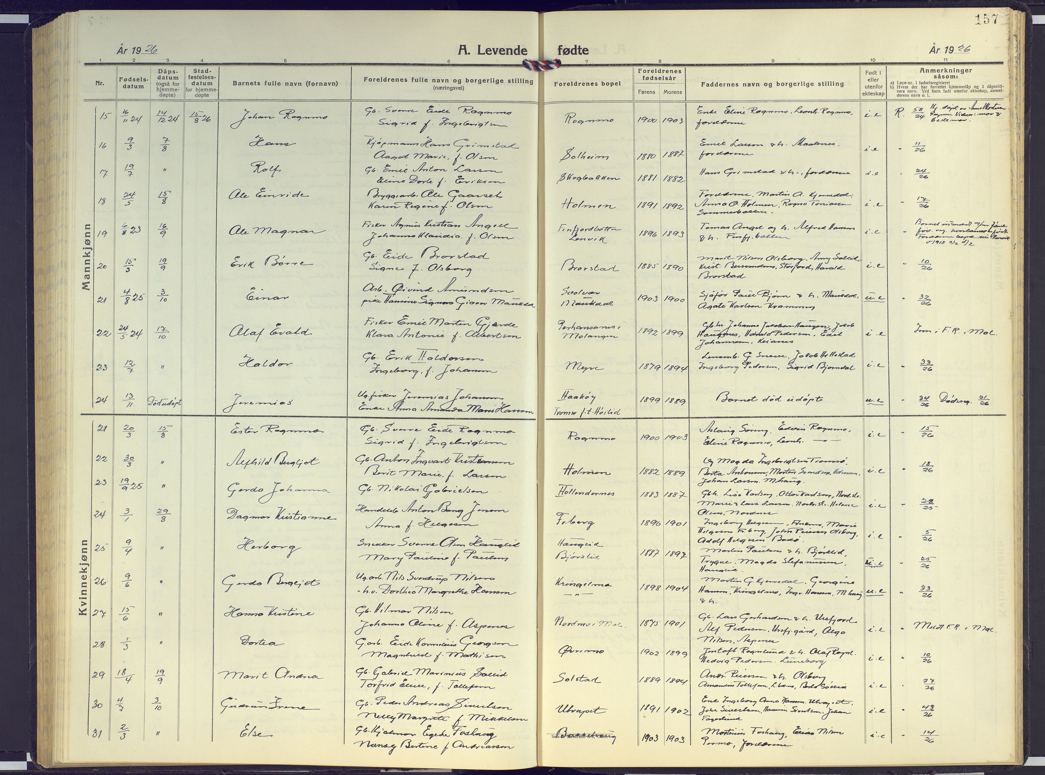Målselv sokneprestembete, SATØ/S-1311/G/Ga/Gab/L0005klokker: Parish register (copy) no. 5, 1901-1932, p. 157