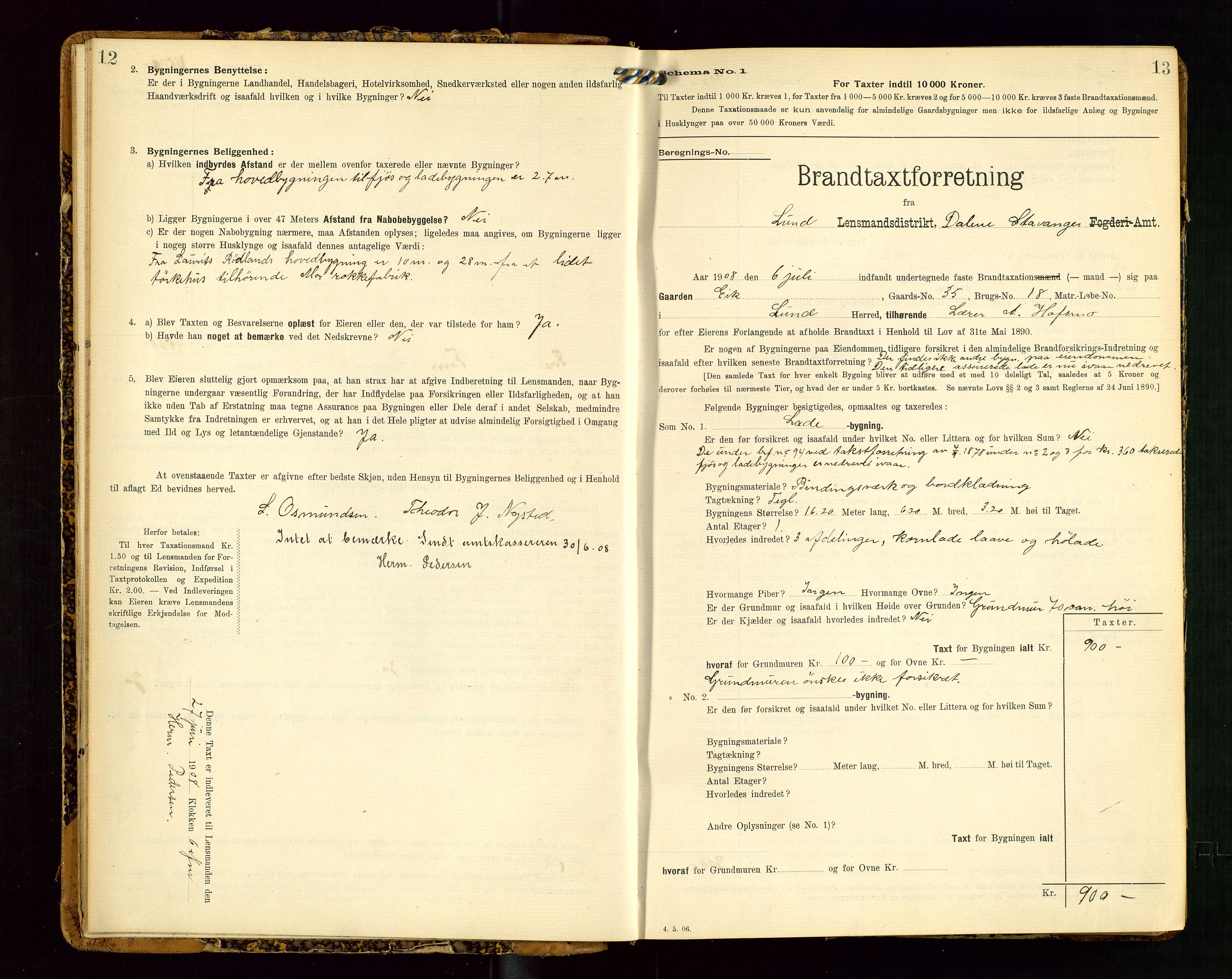 Lund lensmannskontor, SAST/A-100303/Gob/L0002: "Brandtakstprotokol", 1908-1918, p. 12-13