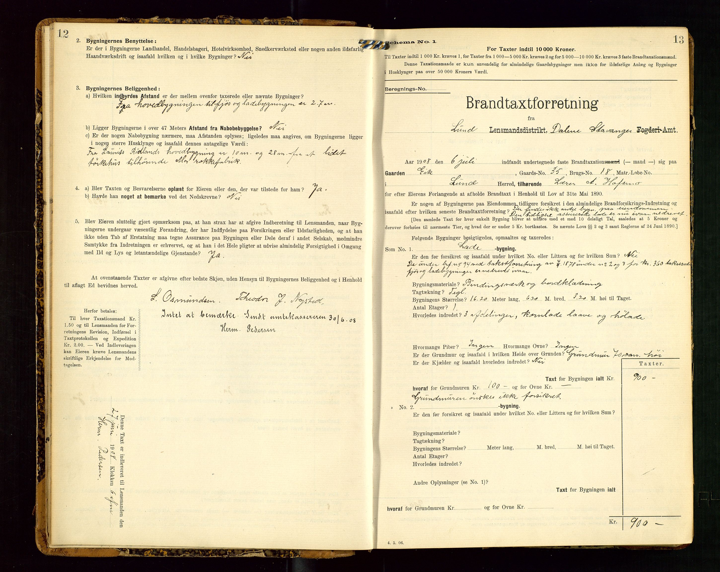 Lund lensmannskontor, AV/SAST-A-100303/Gob/L0002: "Brandtakstprotokol", 1908-1918, p. 12-13