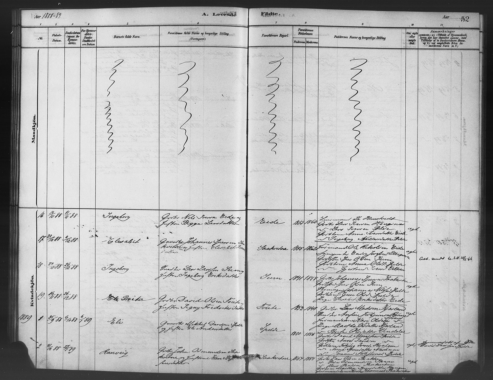 Ulvik sokneprestembete, SAB/A-78801/H/Haa: Parish register (official) no. C 1, 1878-1903, p. 52