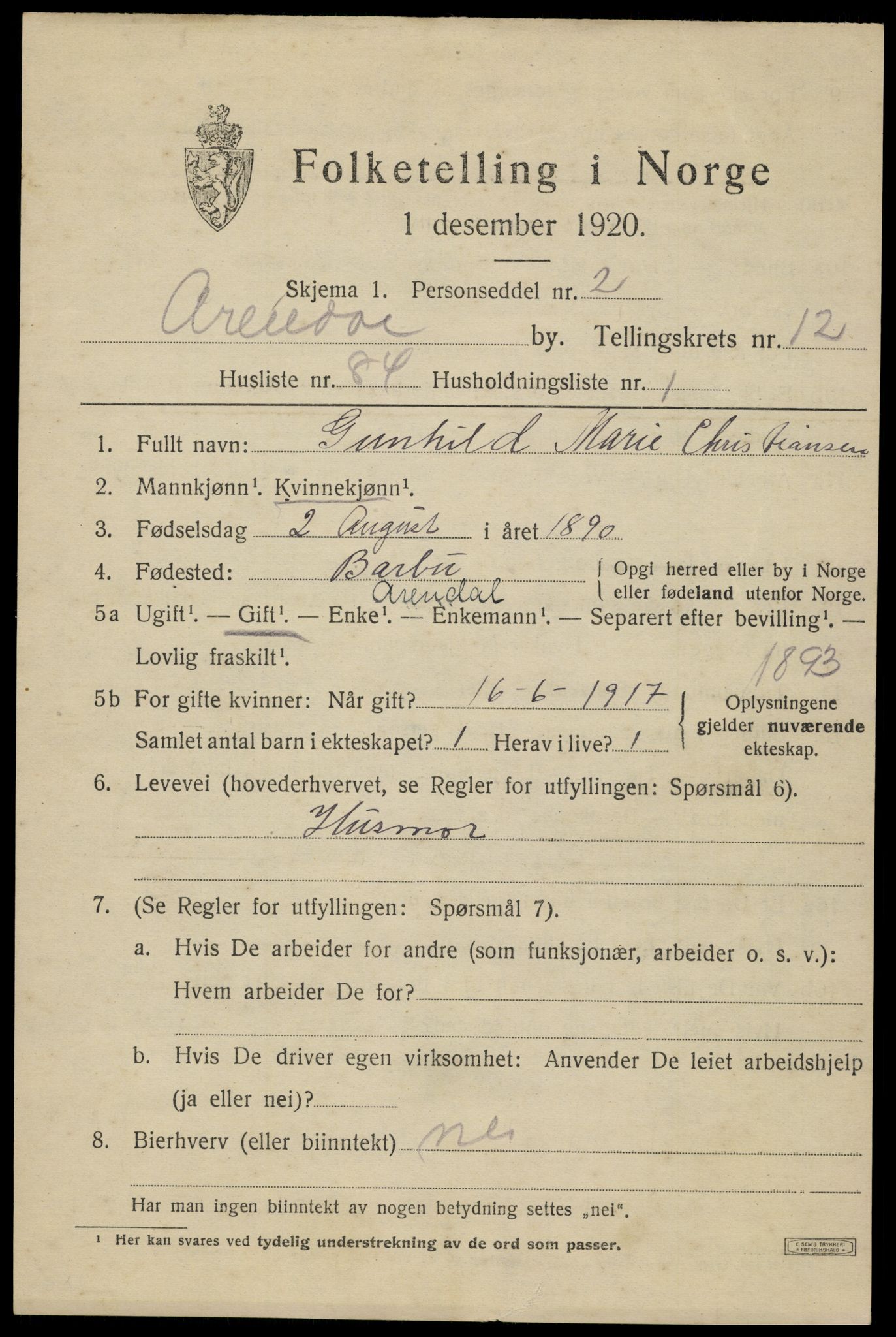 SAK, 1920 census for Arendal, 1920, p. 20256