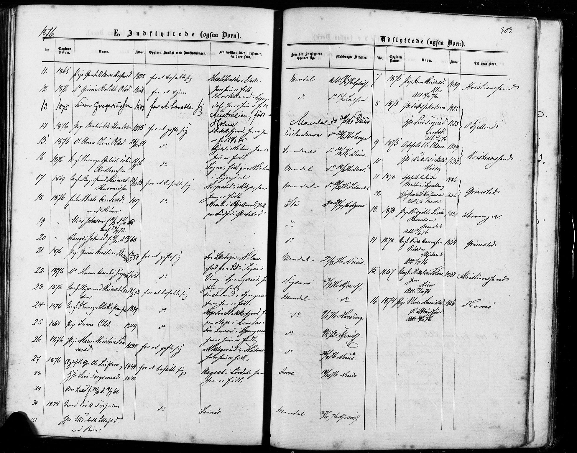 Mandal sokneprestkontor, SAK/1111-0030/F/Fa/Faa/L0015: Parish register (official) no. A 15, 1873-1879, p. 303