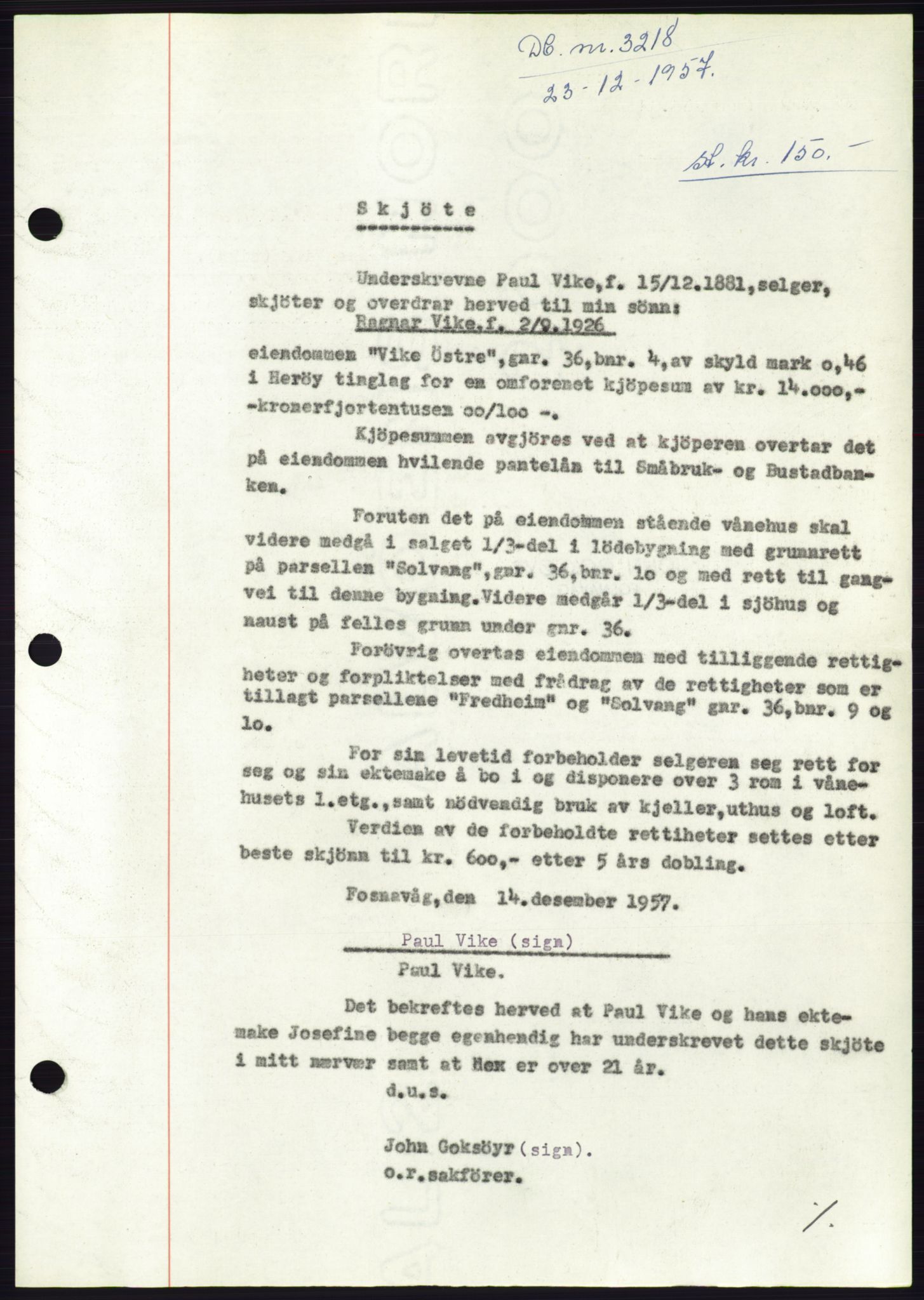 Søre Sunnmøre sorenskriveri, AV/SAT-A-4122/1/2/2C/L0108: Mortgage book no. 34A, 1957-1958, Diary no: : 3218/1957