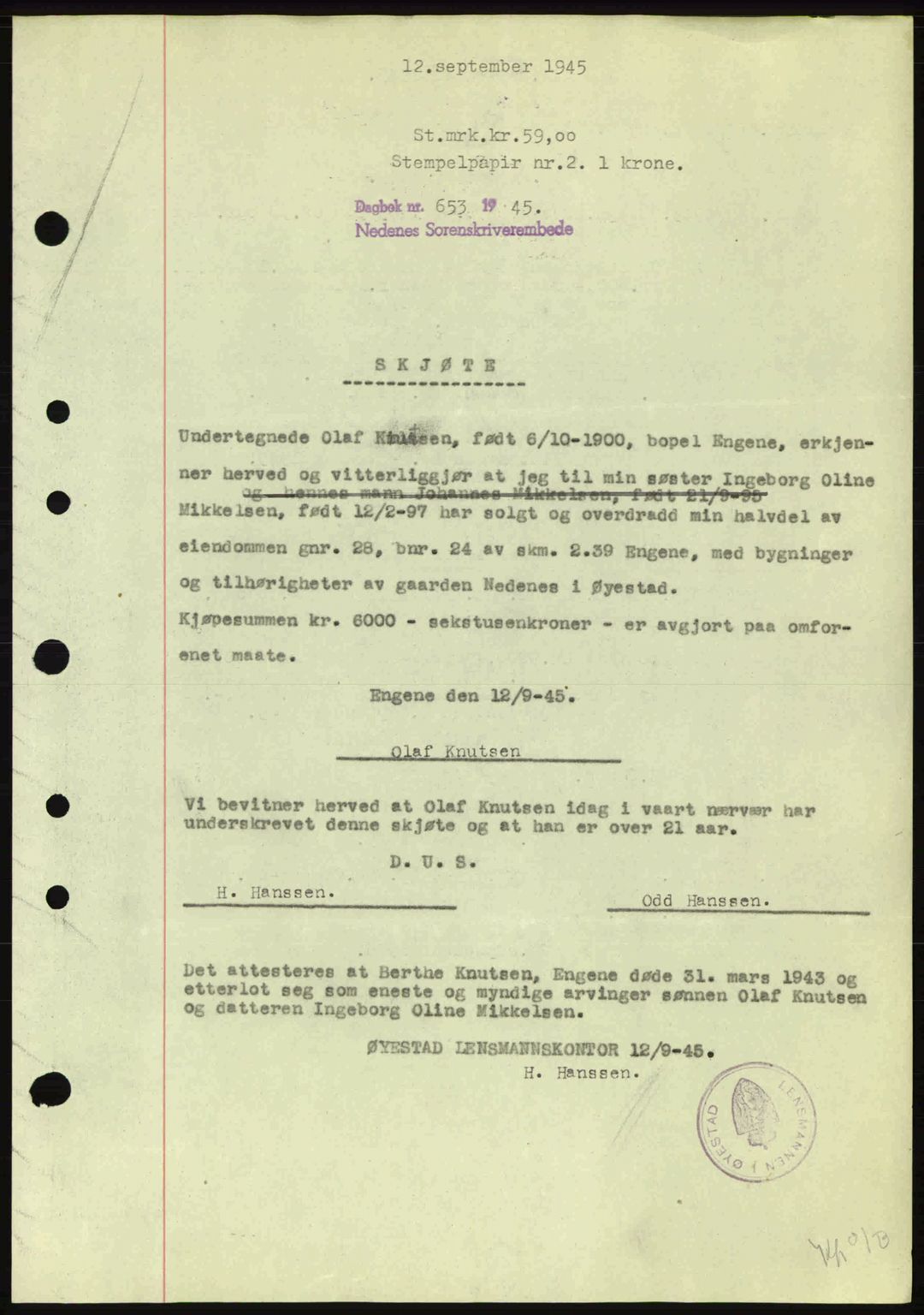 Nedenes sorenskriveri, SAK/1221-0006/G/Gb/Gba/L0052: Mortgage book no. A6a, 1944-1945, Diary no: : 653/1945