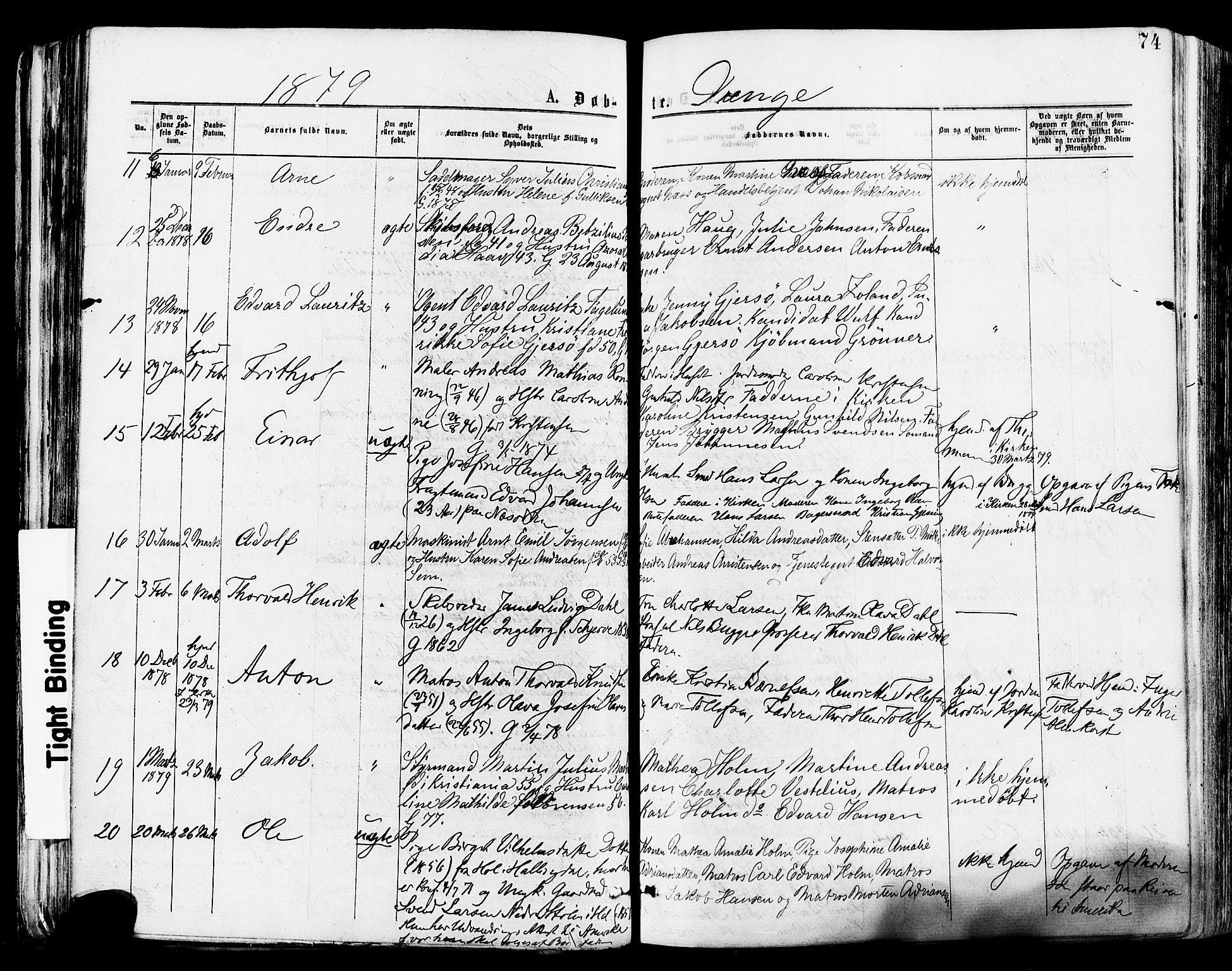 Tønsberg kirkebøker, AV/SAKO-A-330/F/Fa/L0010: Parish register (official) no. I 10, 1874-1880, p. 74