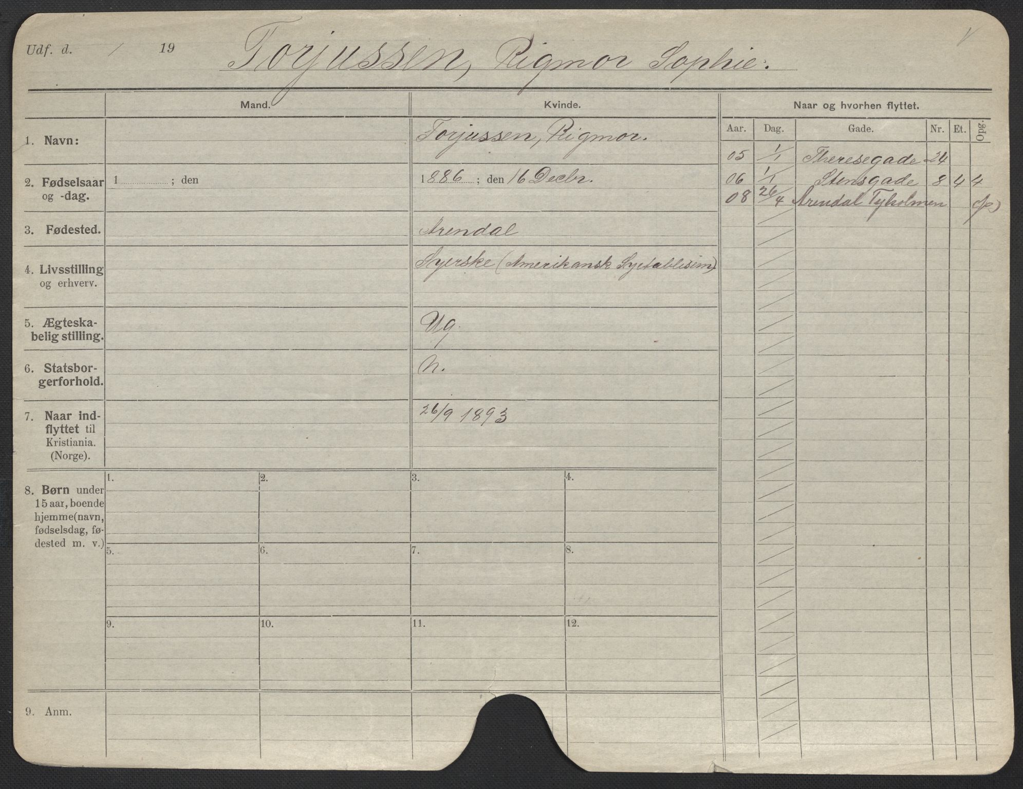 Oslo folkeregister, Registerkort, AV/SAO-A-11715/F/Fa/Fac/L0025: Kvinner, 1906-1914, p. 101a