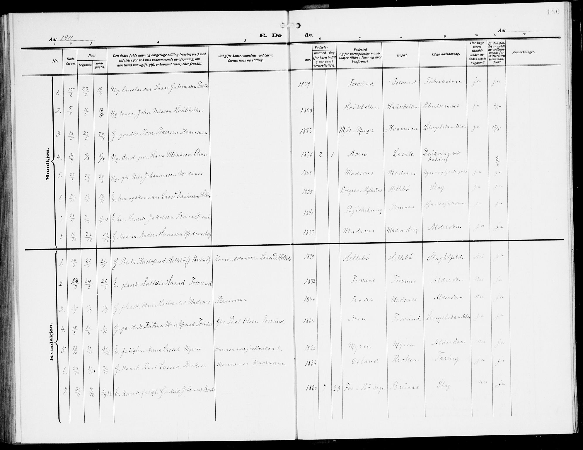 Lavik sokneprestembete, SAB/A-80901: Parish register (copy) no. A 3, 1911-1942, p. 180