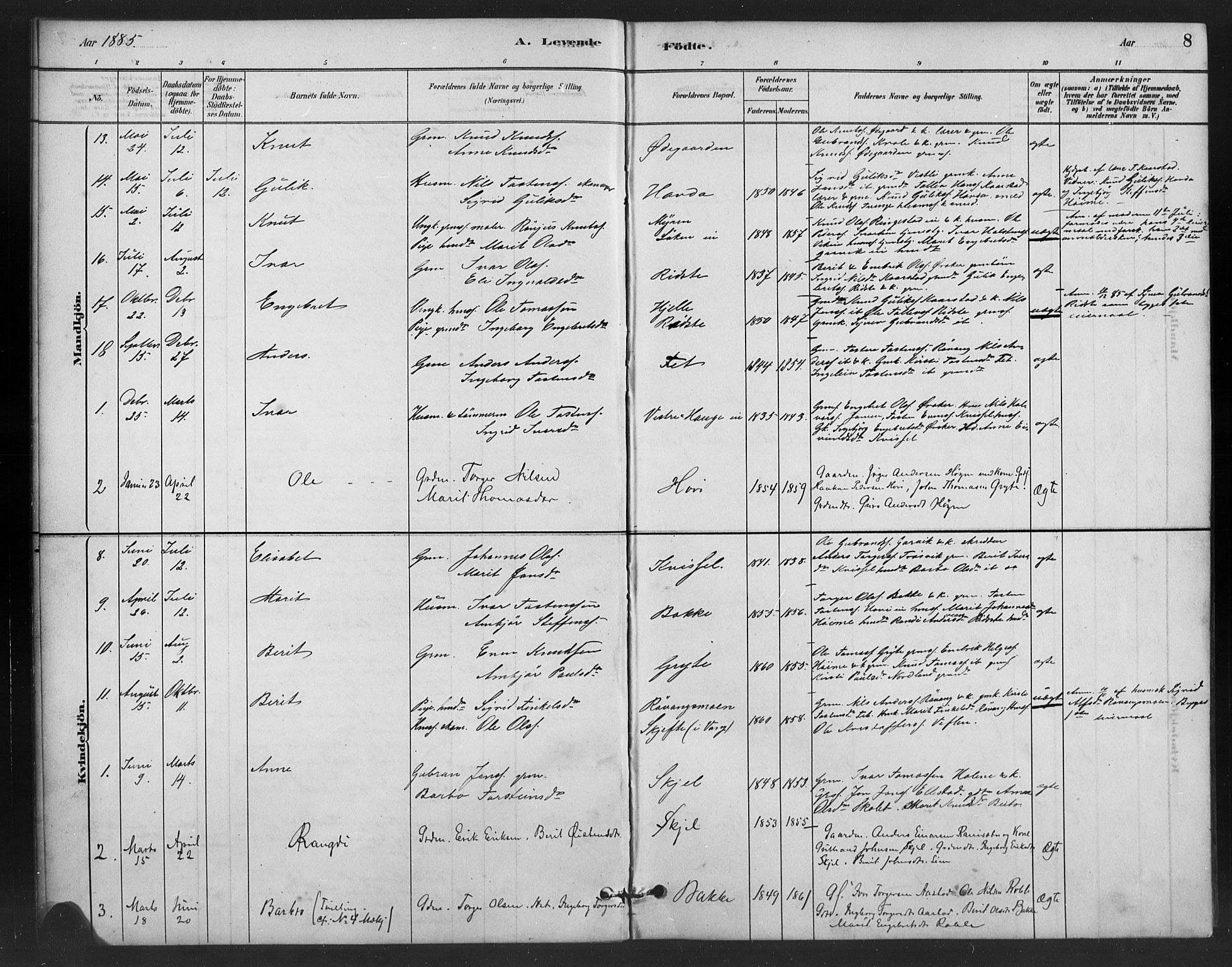 Vestre Slidre prestekontor, SAH/PREST-136/H/Ha/Hab/L0006: Parish register (copy) no. 6, 1881-1915, p. 8