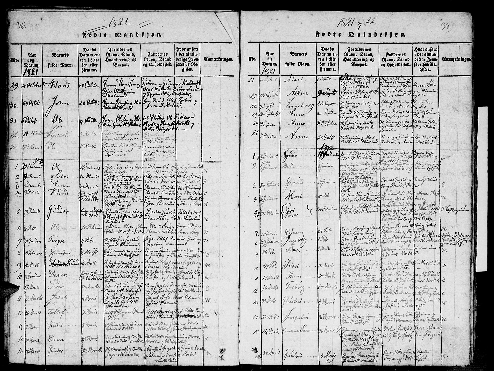 Evje sokneprestkontor, AV/SAK-1111-0008/F/Fb/Fba/L0001: Parish register (copy) no. B 1, 1816-1842, p. 36-37