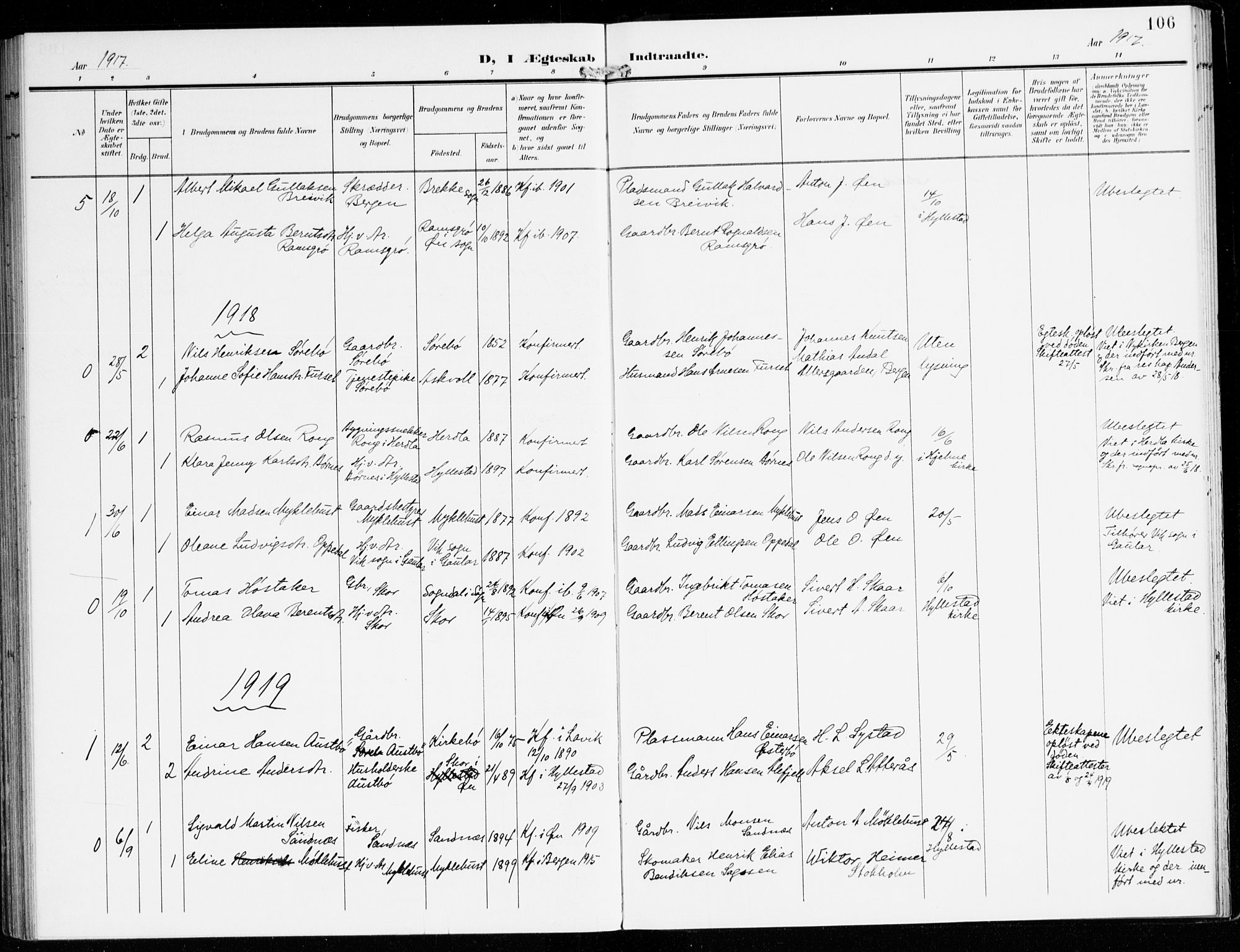 Hyllestad sokneprestembete, SAB/A-80401: Parish register (official) no. D 2, 1905-1919, p. 106